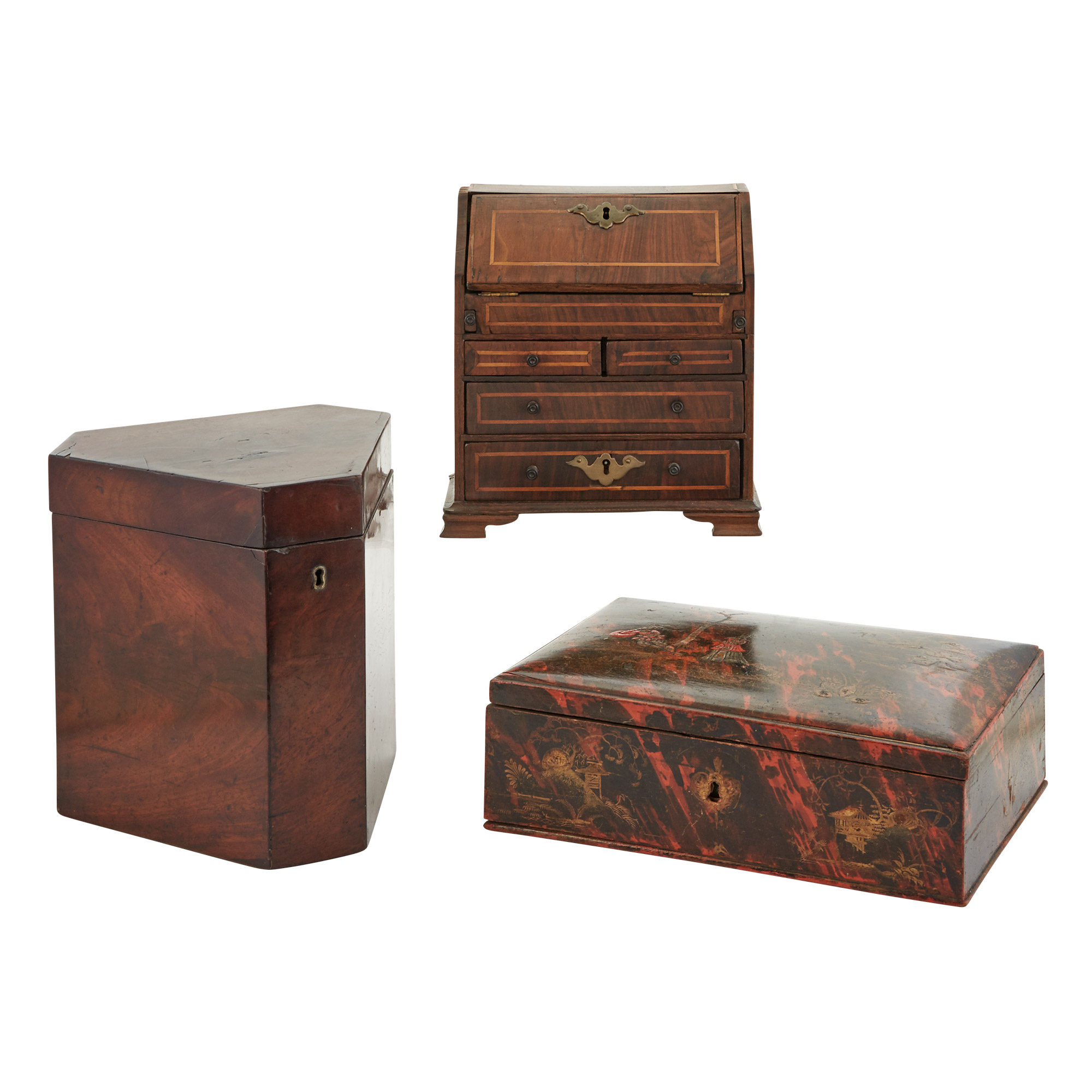 Lot image - George I Style Inlaid Walnut Miniature Slant-Front Desk