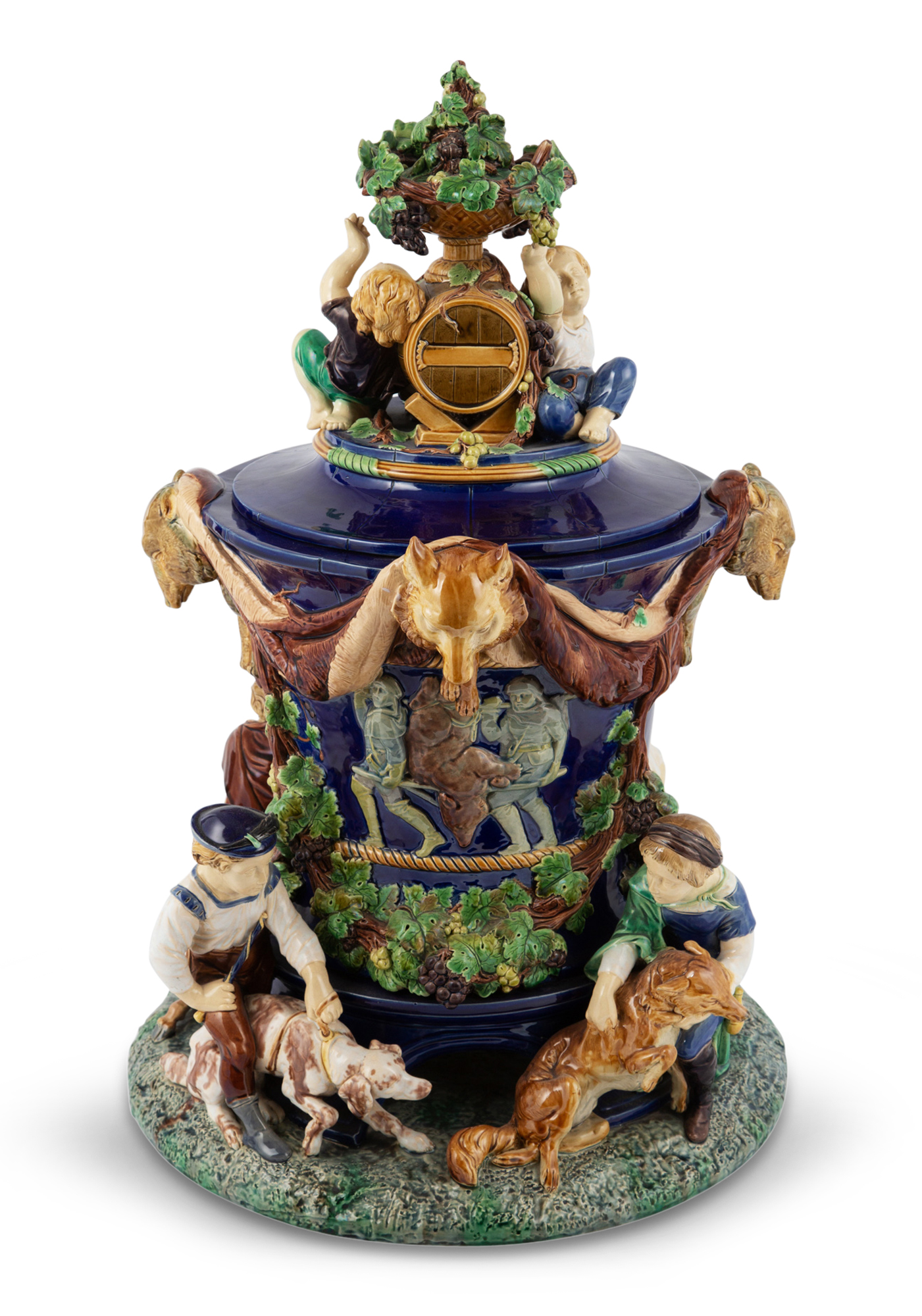 Lot image - Minton Majolica Cobalt-Blue Ground Victoria Wine Cooler and Cover