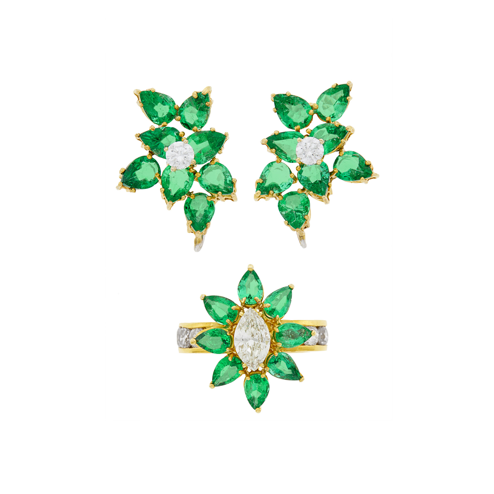 Lot image - Pair of Gold, Diamond and Emerald Earclips and Ring