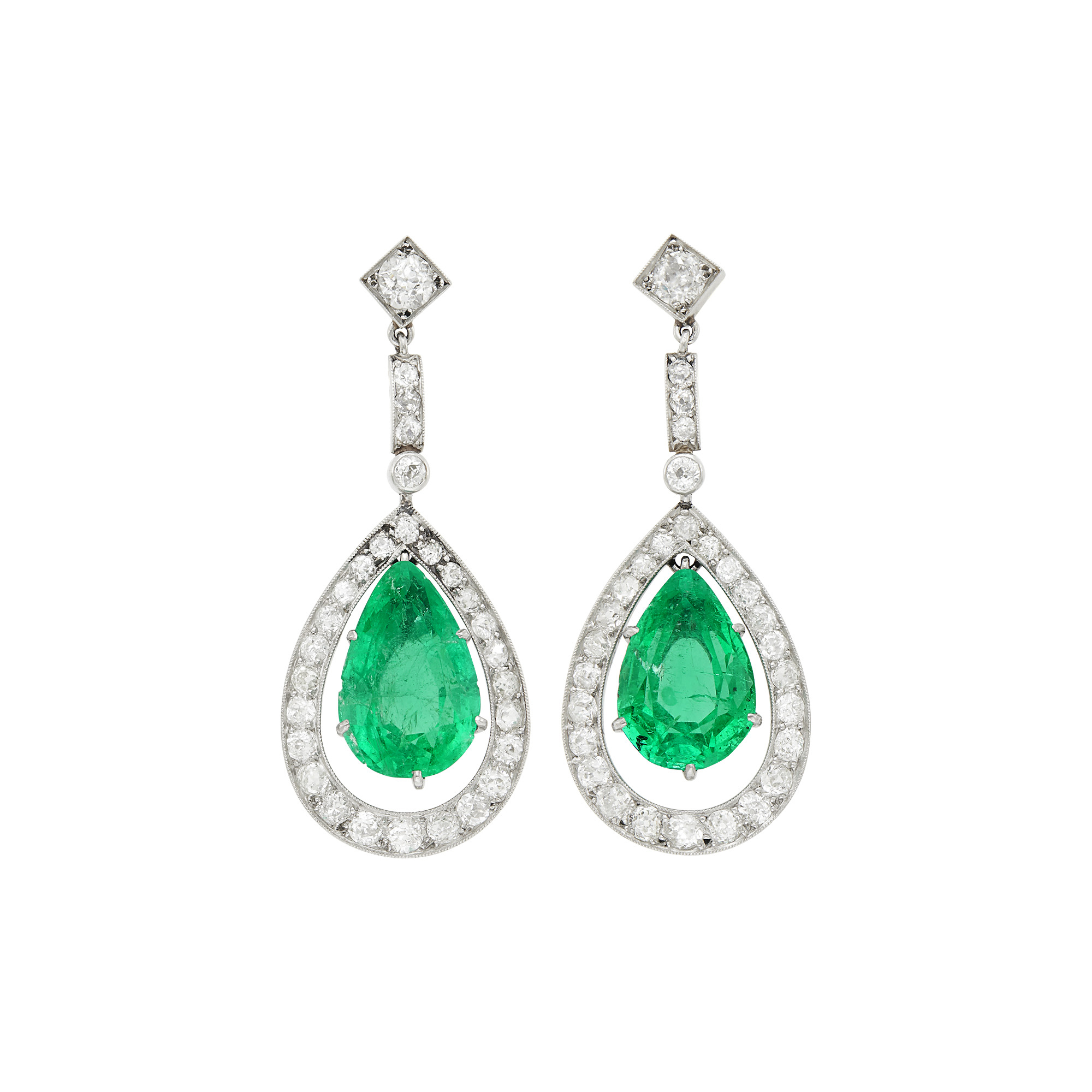 Lot image - Pair of Platinum, Emerald and Diamond Pendant-Earrings, France