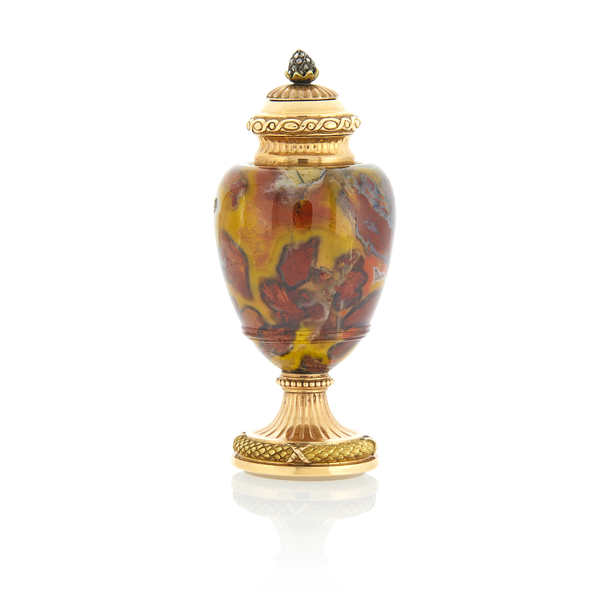 Lot image - Fabergé Two-Color Gold-Mounted Jasper Gum Pot and Hand Seal
