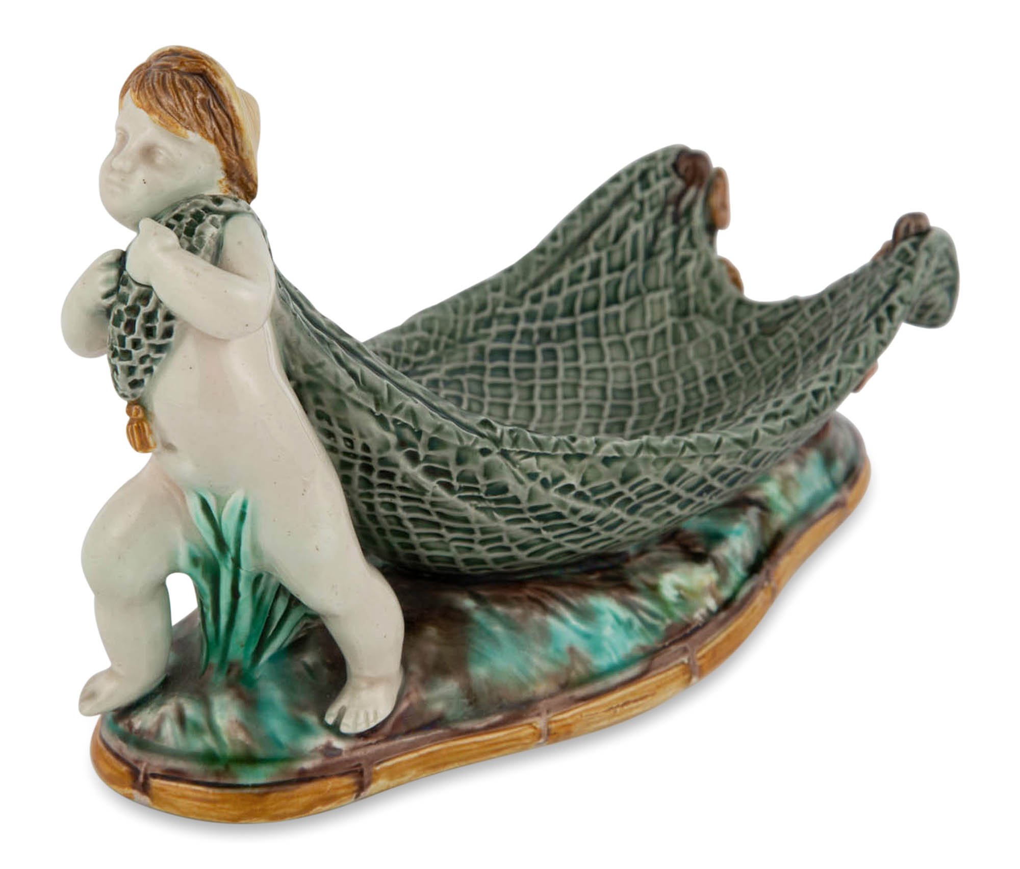 Lot image - Josiah Wedgwood & Sons Majolica Fisherman Putto and Net Pipe / Jewel Stand