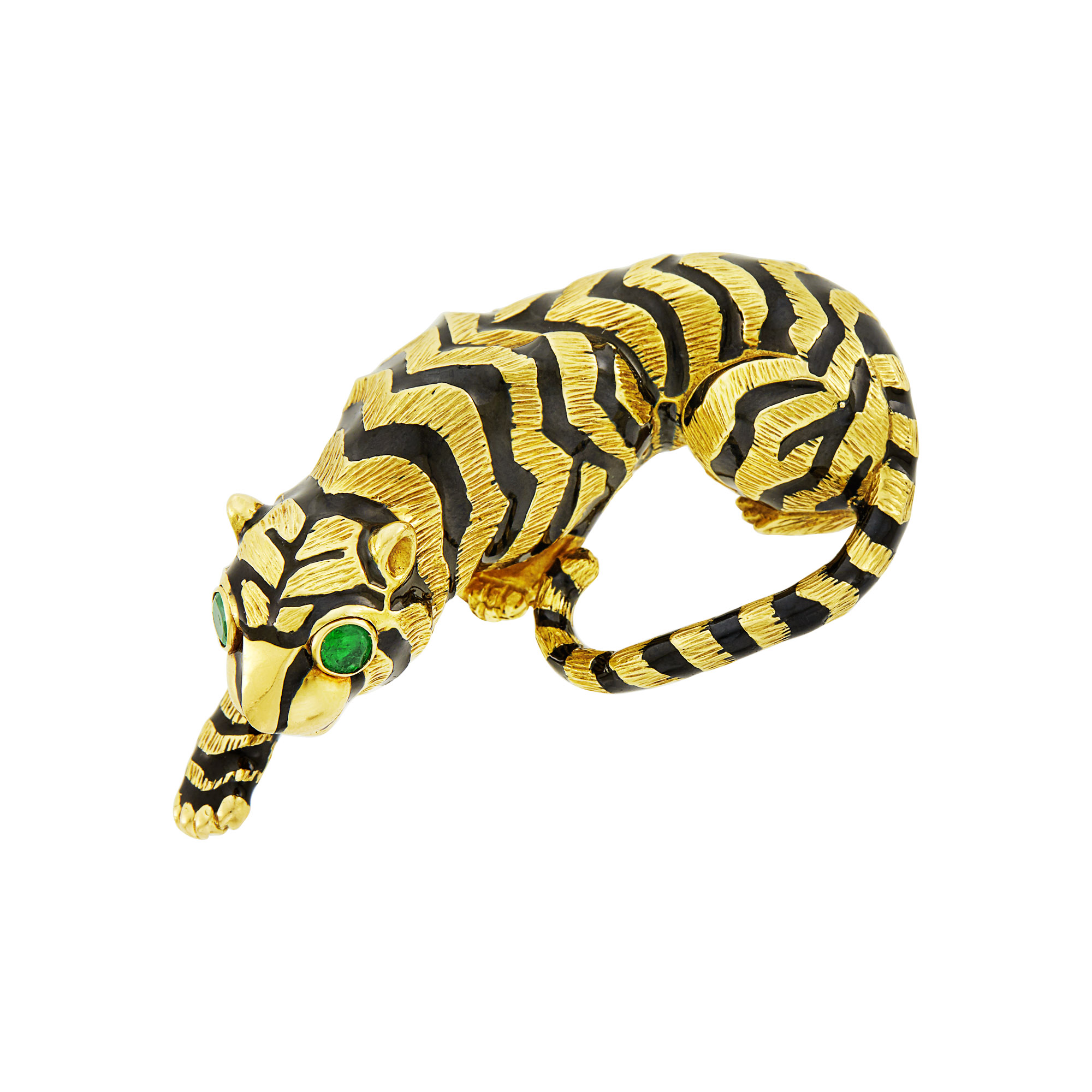 Lot image - David Webb Gold, Black Enamel and Emerald Tiger Clip-Brooch