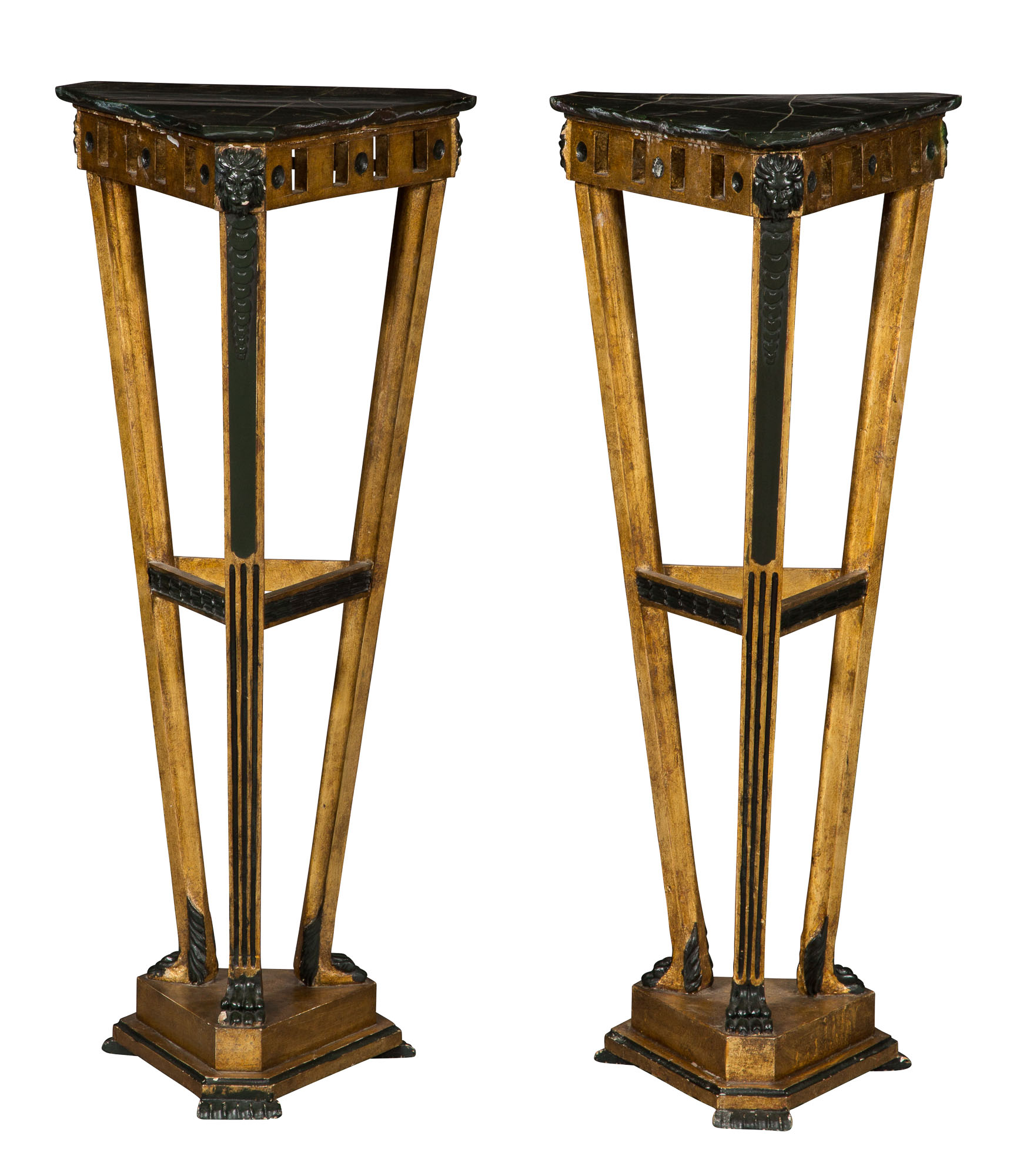 Lot image - Pair of Continental Painted and Parcel-Gilt Classical Style Triangular Pedestals
