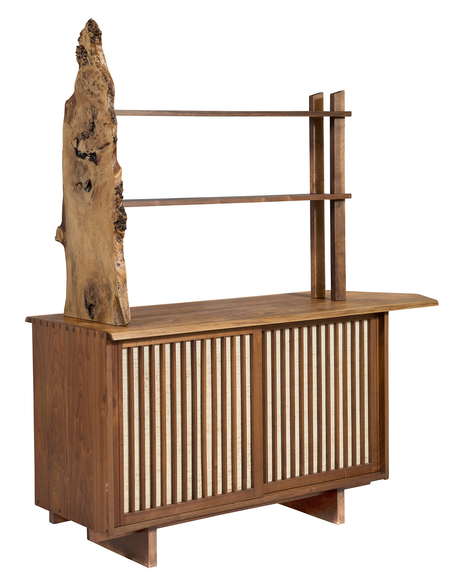 Lot image - George Nakashima Black Walnut and Pandanus Cloth Double Sliding-Door Cabinet and Free-Standing Shelf