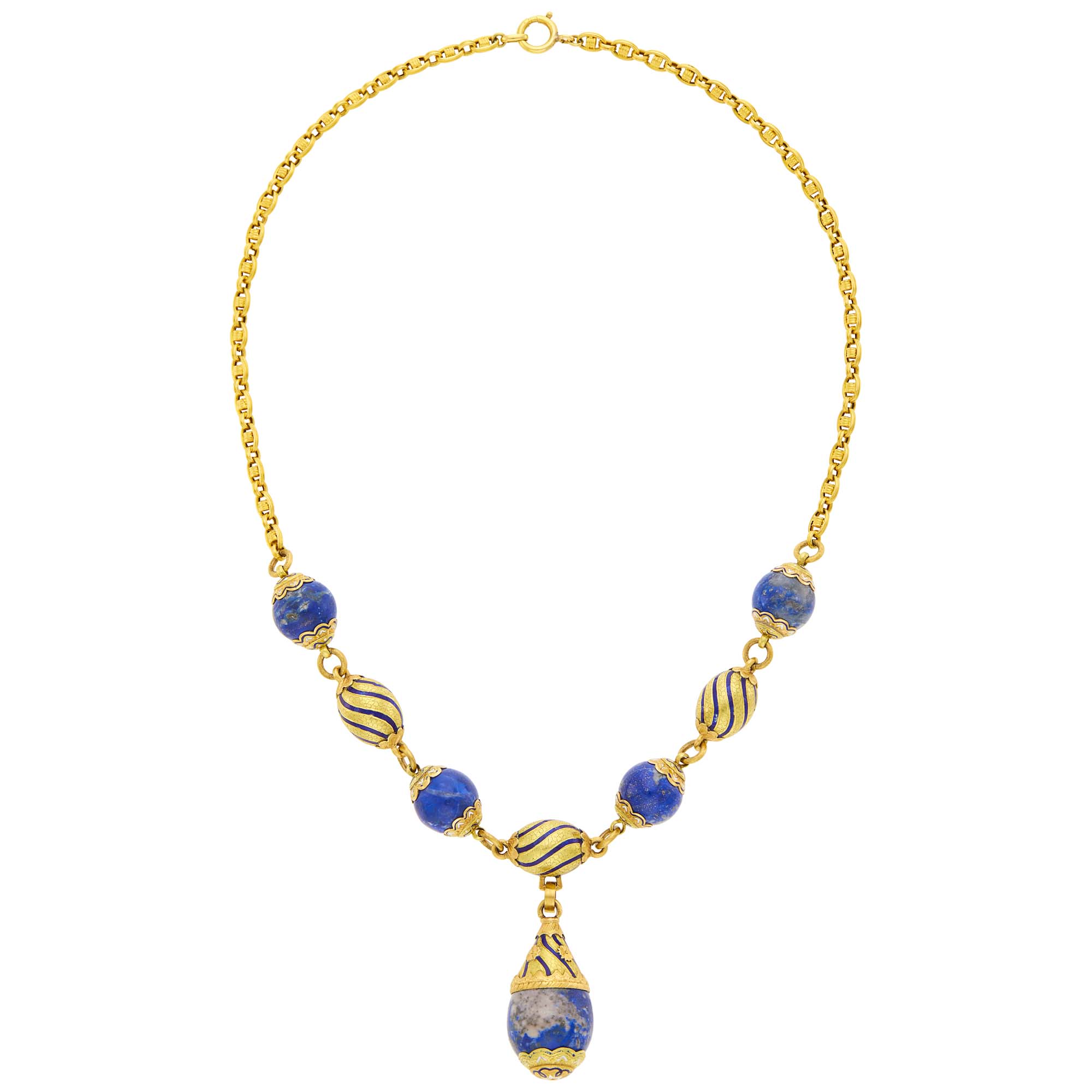 Lot image - Two-Color Gold, Lapis and Blue and White Enamel Pendant-Necklace