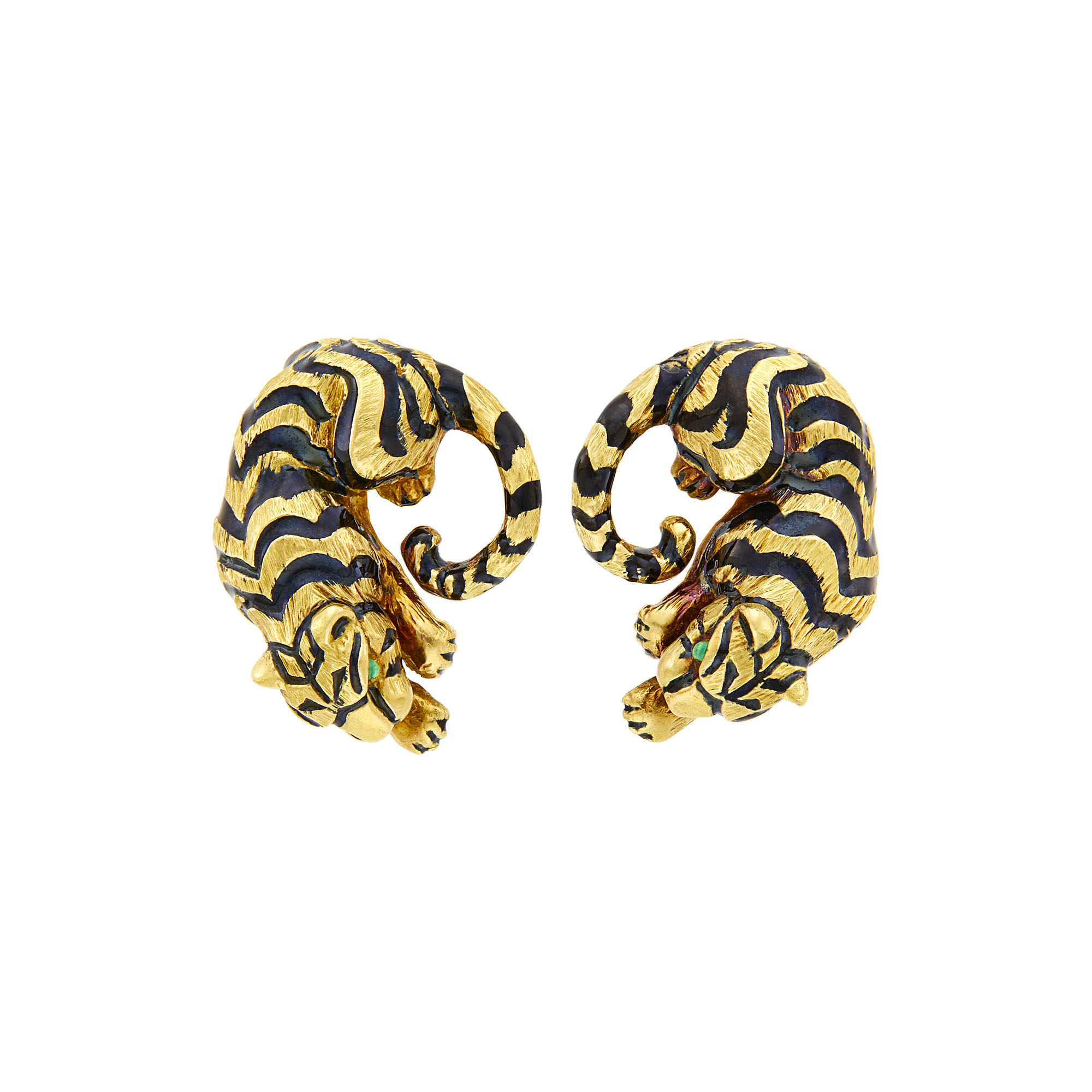 Lot image - David Webb Pair of Gold and Enamel Tiger Earclips