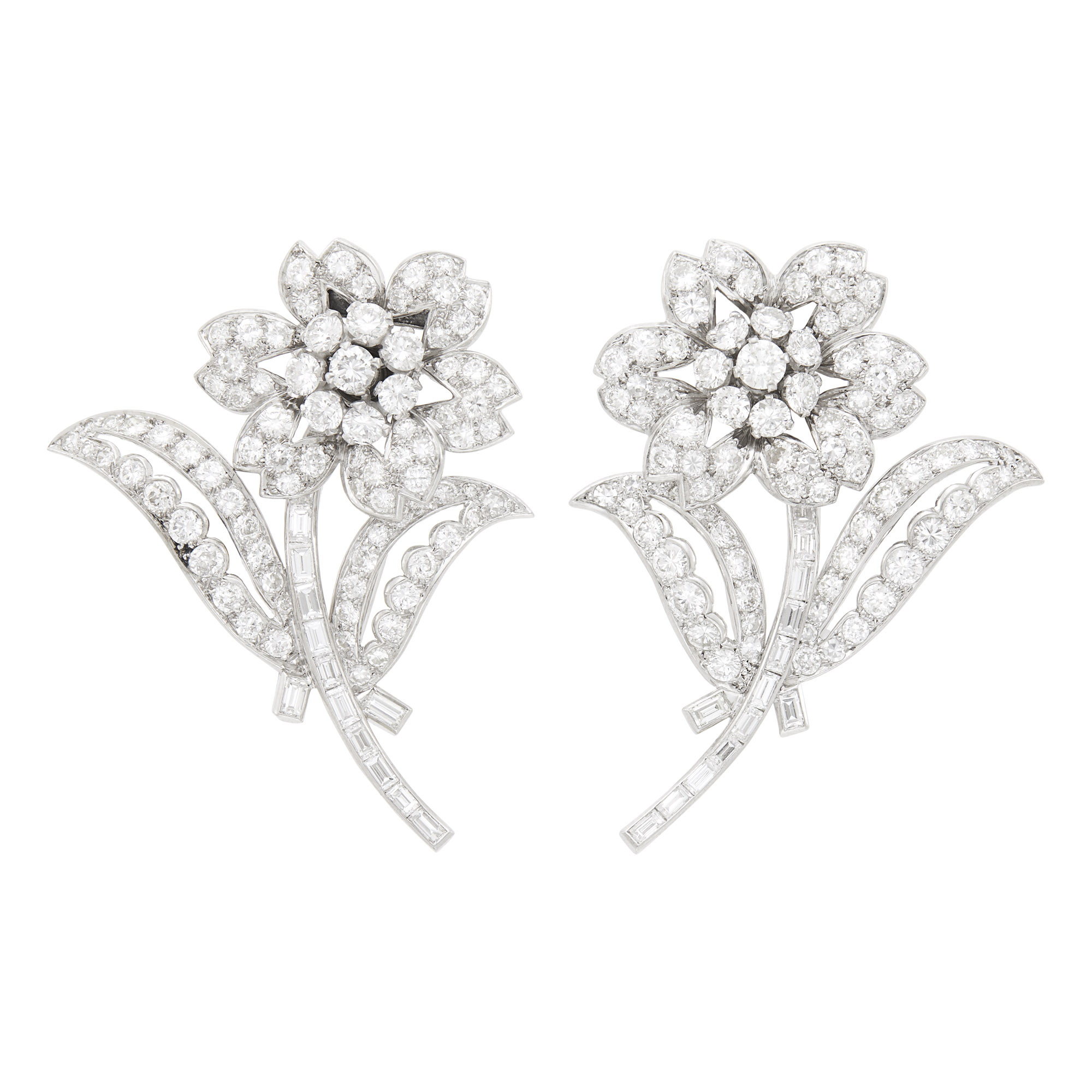 Lot image - Garrard Pair of Platinum and Diamond Flower Clip-Brooches