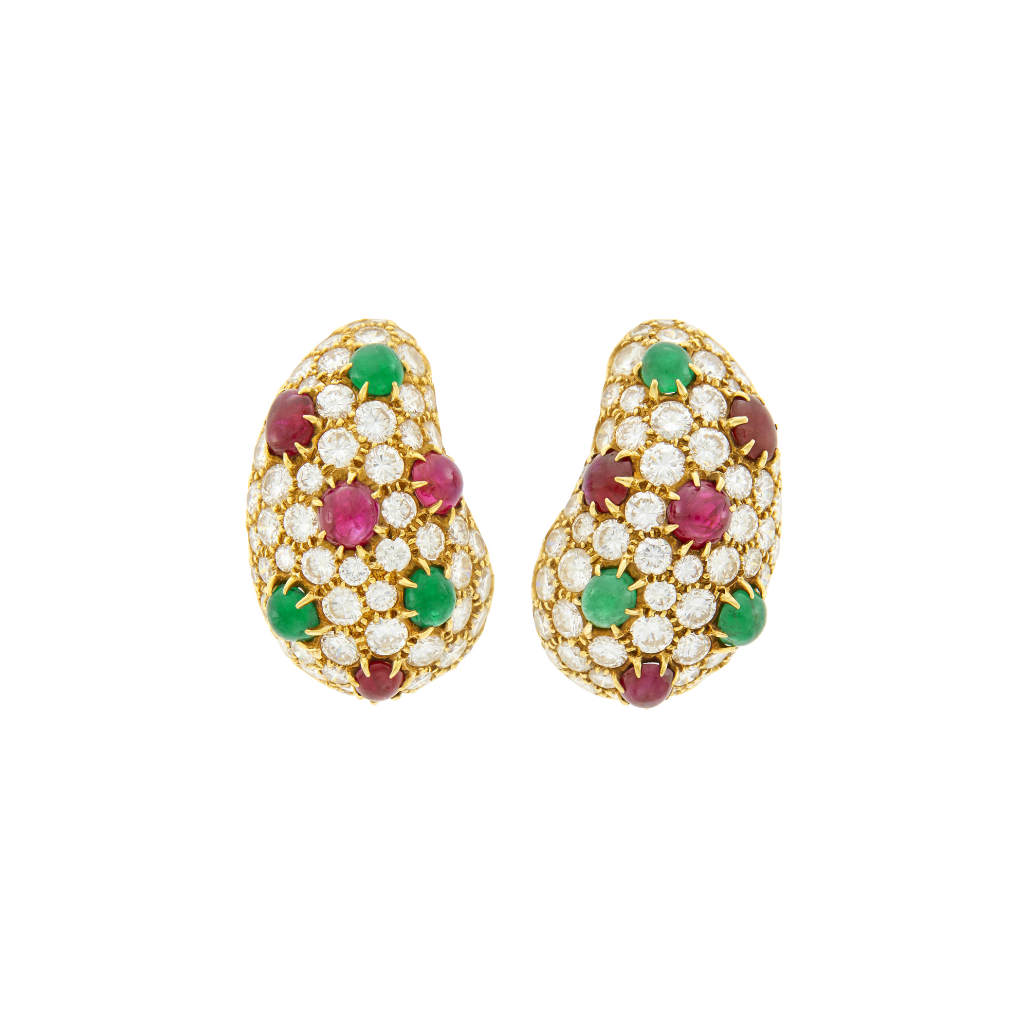 Lot image - Van Cleef & Arpels Pair of Gold, Diamond and Cabochon Colored Stone Earclips