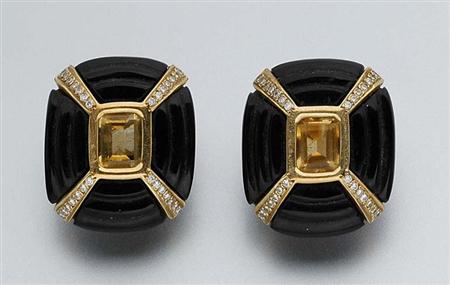 Lot image - Pair of Black Onyx and Citrine Earrings