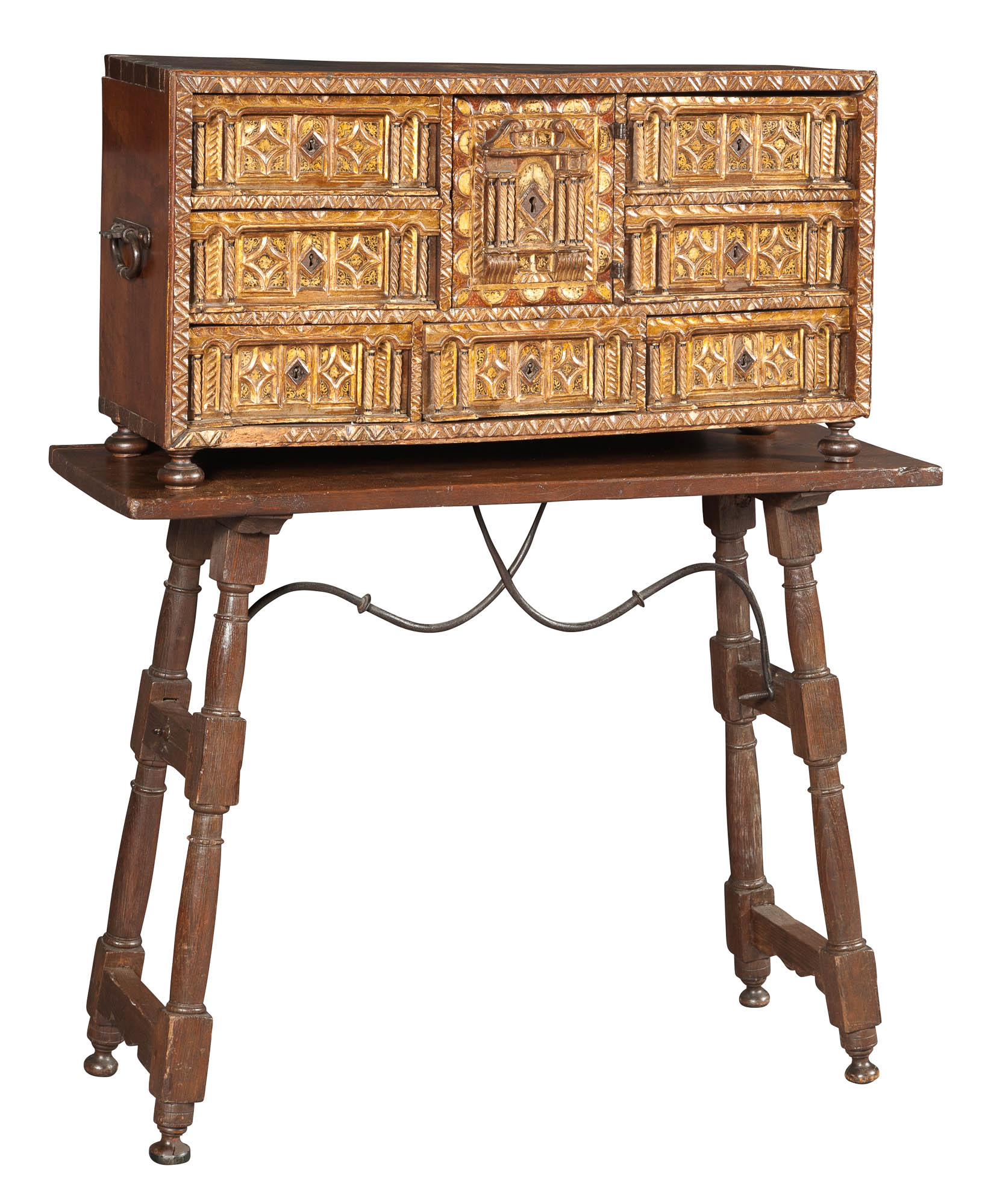 Lot image - Spanish Baroque Walnut Bone- and Iron-Mounted Polychrome-Decorated and Parcel-Gilt Vargueño