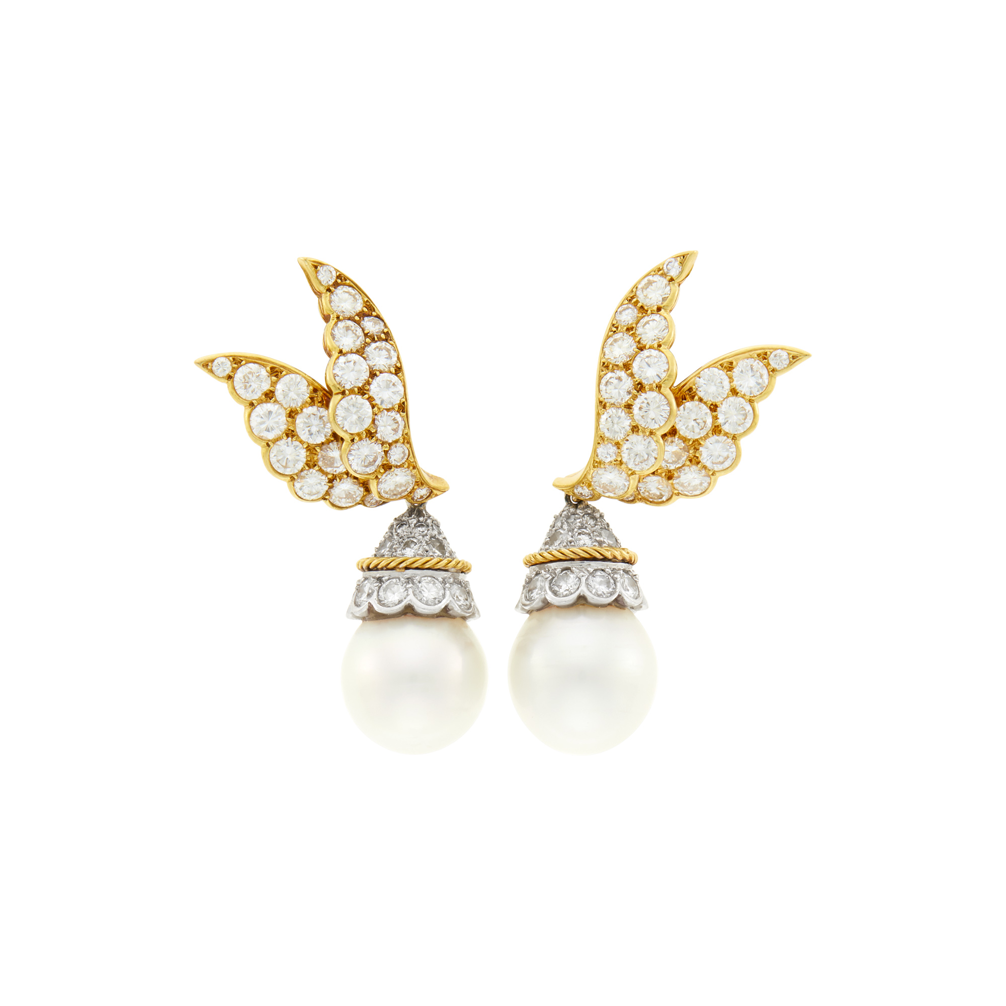 Lot image - Van Cleef & Arpels Pair of Gold, Diamond and Cultured Pearl Pendant-Earclips