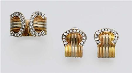 Lot image - Pair of Tricolor Gold and Diamond Earrings and Ring