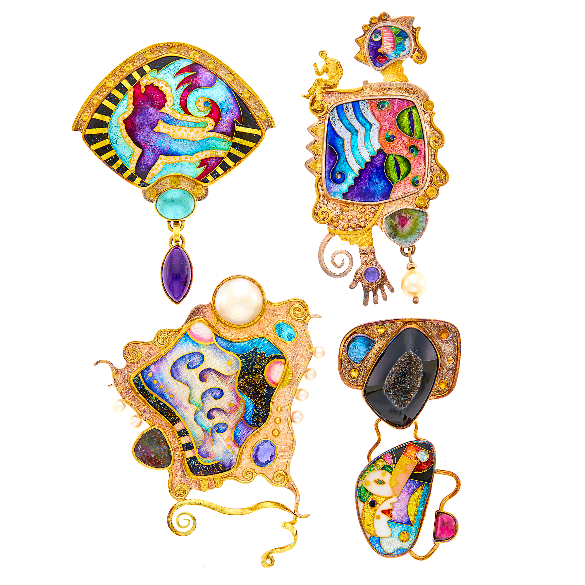 Lot image - Ricky Frank and Alex Pitu Three Silver, Silver-Gilt, Cloisonné Enamel, Gem-Set and Cultured Pearl Pendant-Brooches and Brooch