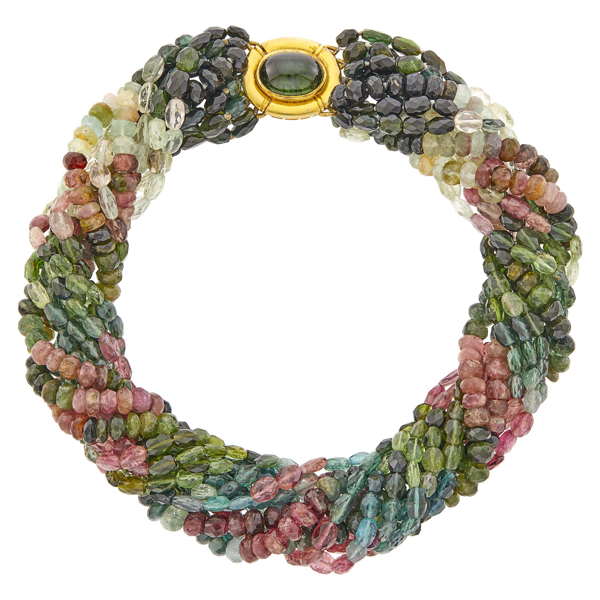 Lot image - Eleven Strand Multicolored Tourmaline Bead Torsade Necklace with Gold and Cabochon Tourmaline Clasp