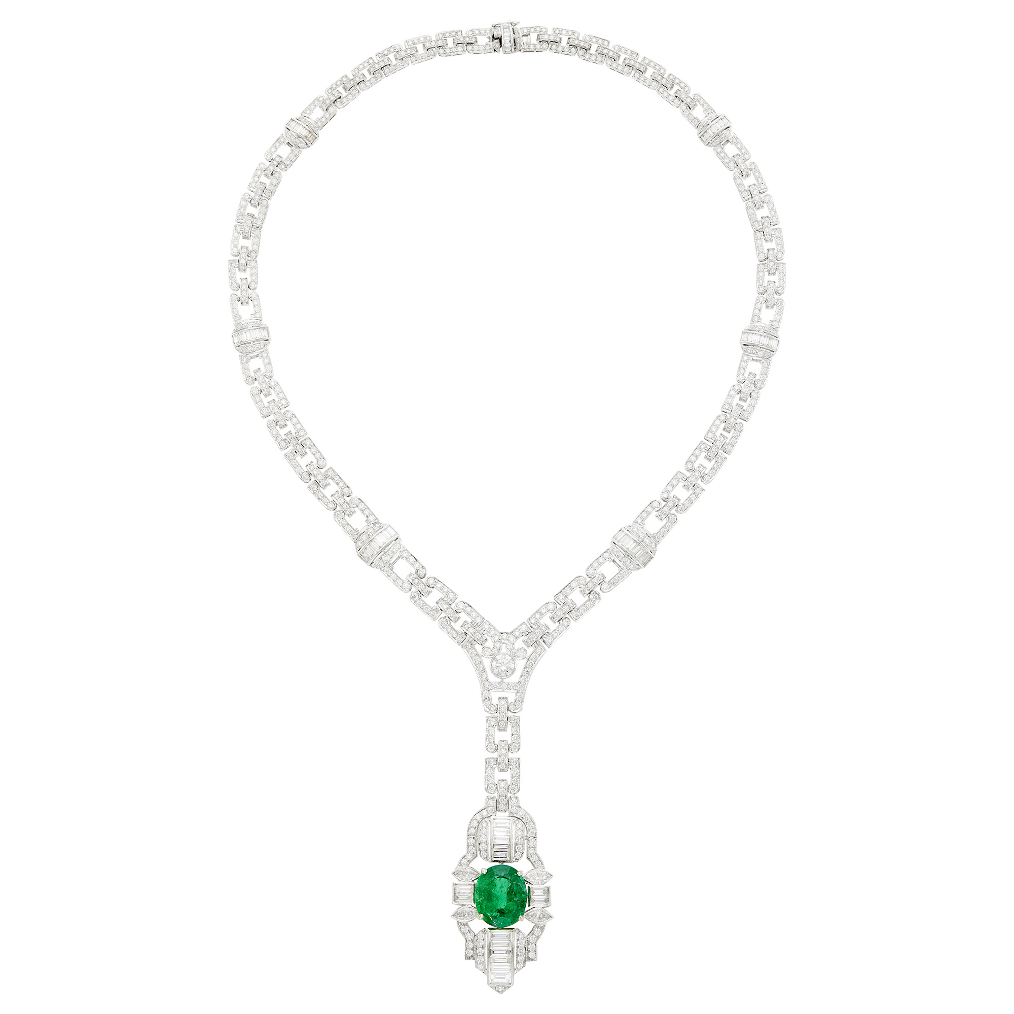 Lot image - Platinum, Emerald and Diamond Pendant-Necklace