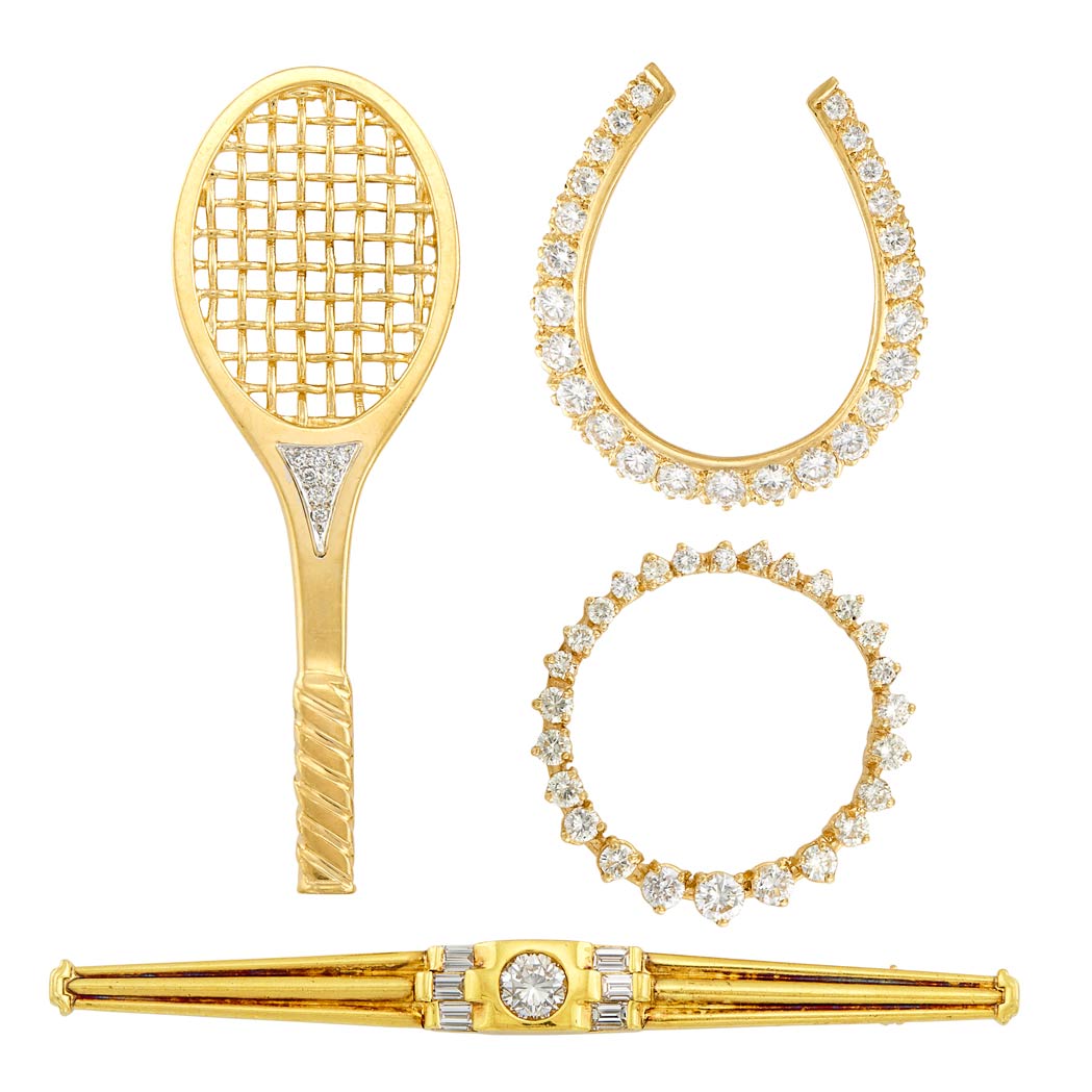 Lot image - Three Gold, Diamond and Cultured Pearl Brooches and Circle Pendant
