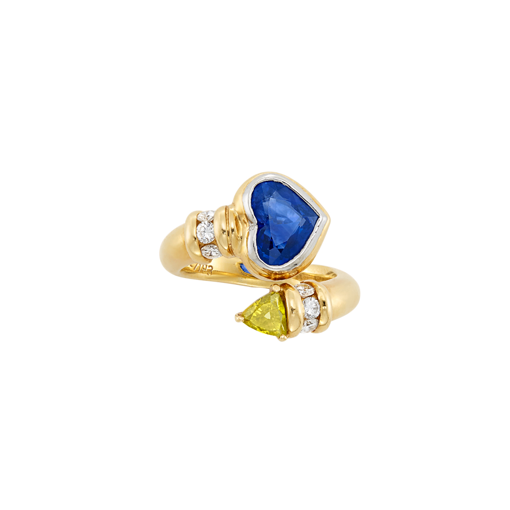 Lot image - Gold, Sapphire, Diamond and Fancy Deep Brownish Greenish Yellow Treated Diamond Bypass Ring, Jacques