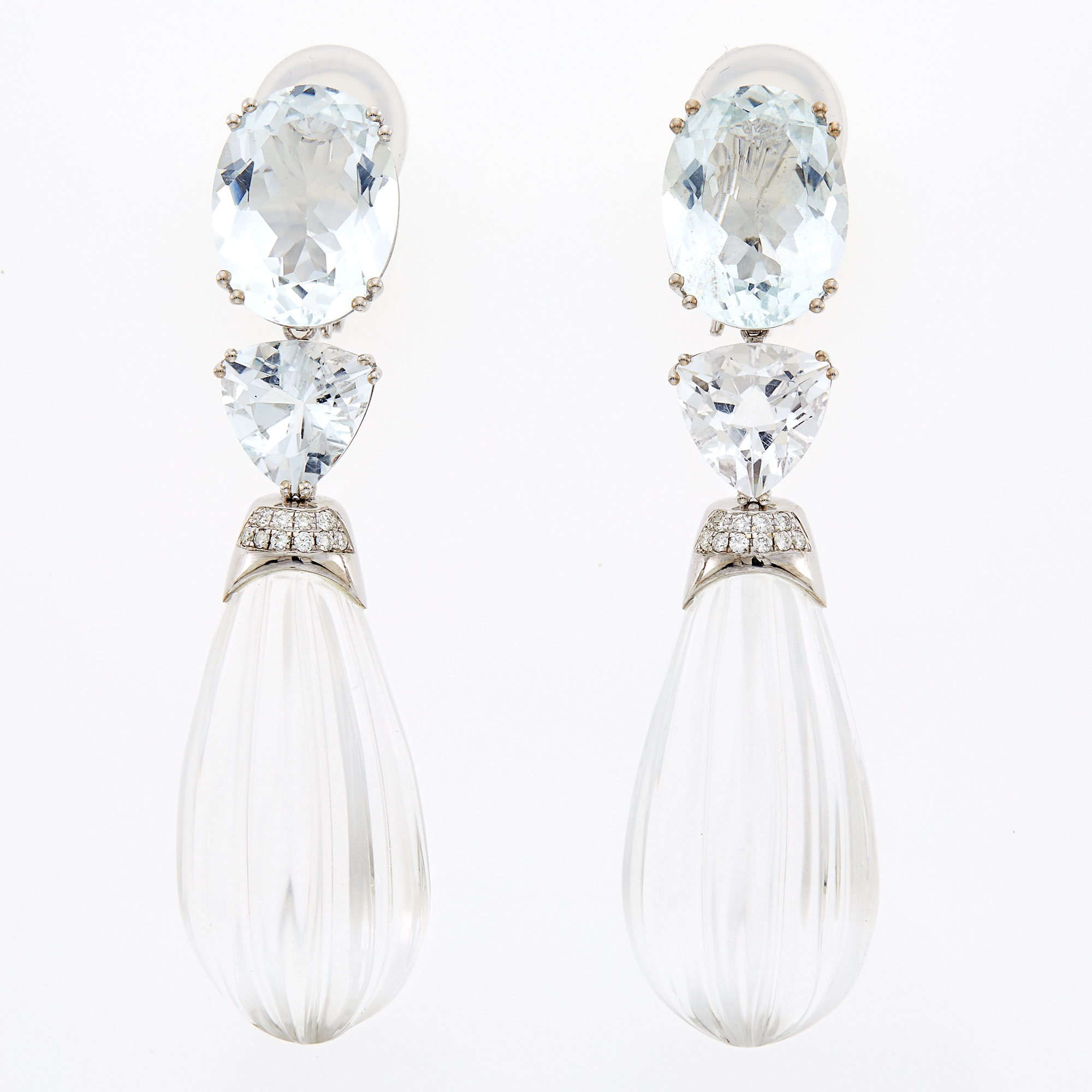 Lot image - Pair of White Gold, Aquamarine and Rock Crystal Pendant-Earclips