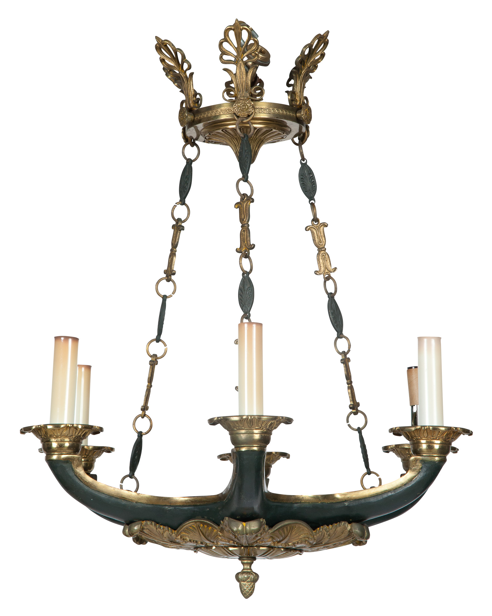 Lot image - Empire Style Gilt and Patinated Metal Six-Light Chandelier with Corona
