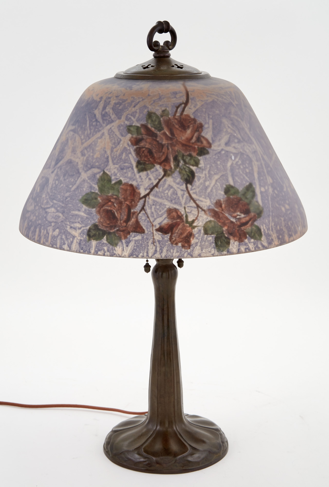 Lot image - Handel Co. Patinated Metal and Reverse Painted Glass Red Roses and Butterflies Lamp