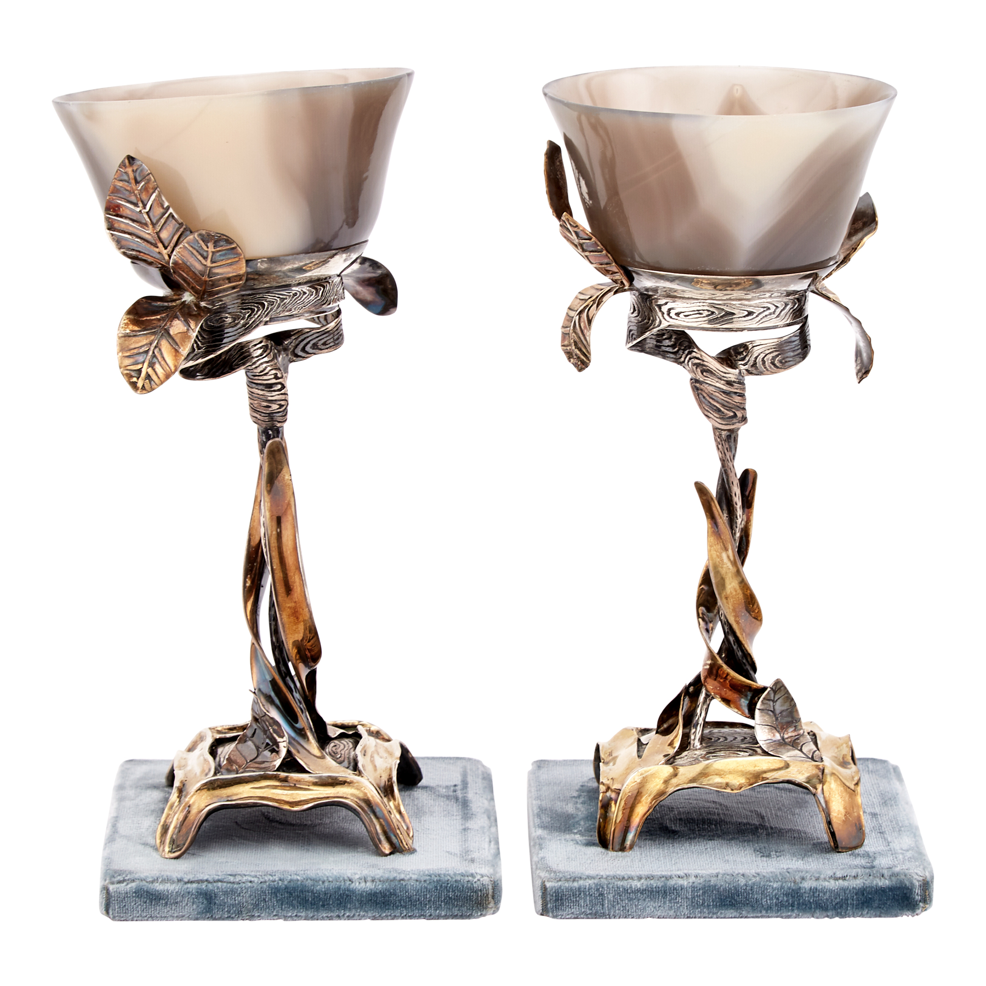 Lot image - Pair Continental Sterling Silver and Agate Goblets