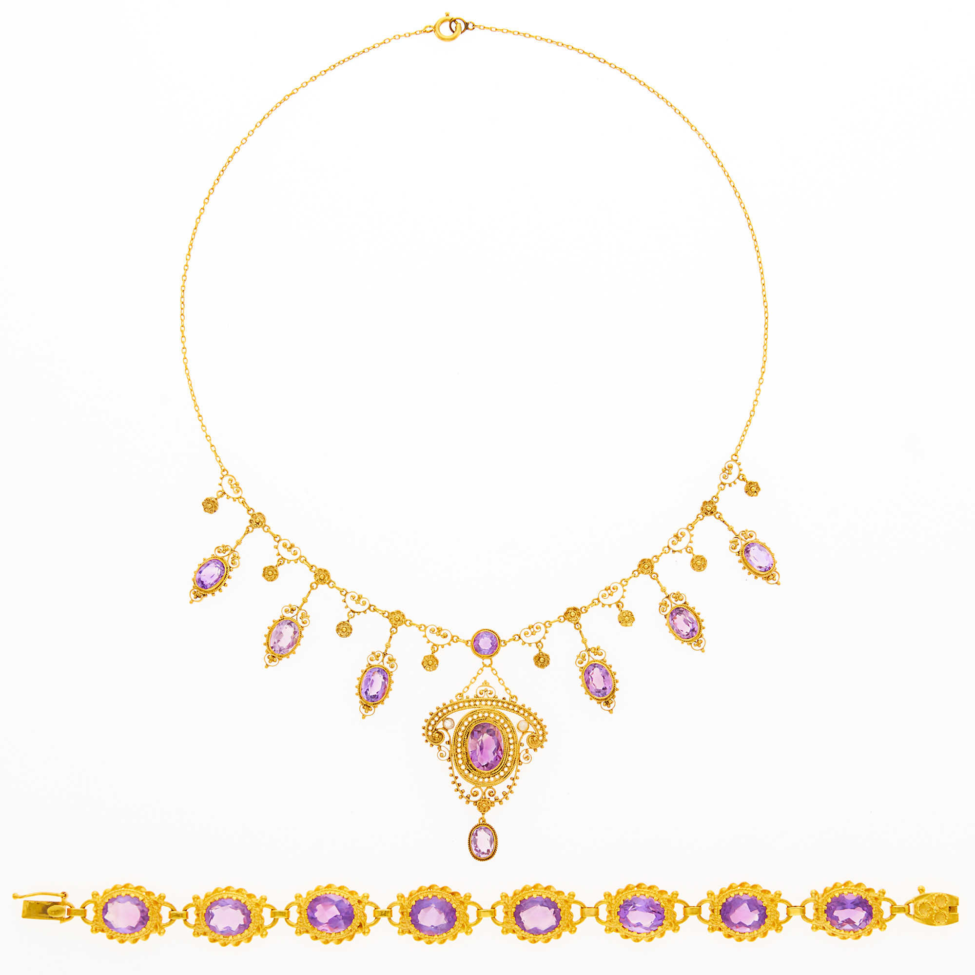 Lot image - Gold and Amethyst Fringe Necklace and Bracelet