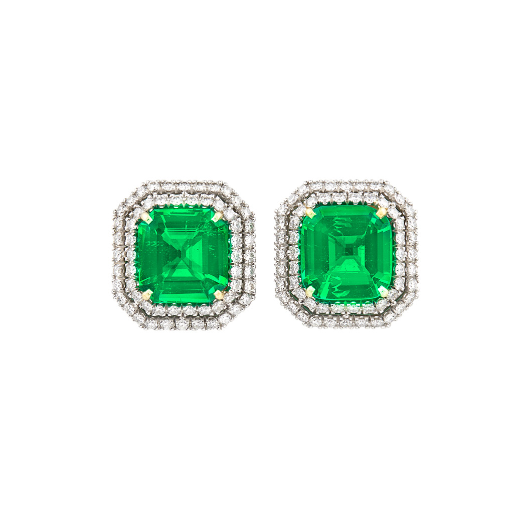 Lot image - Pair of White Gold, Emerald and Diamond Earrings