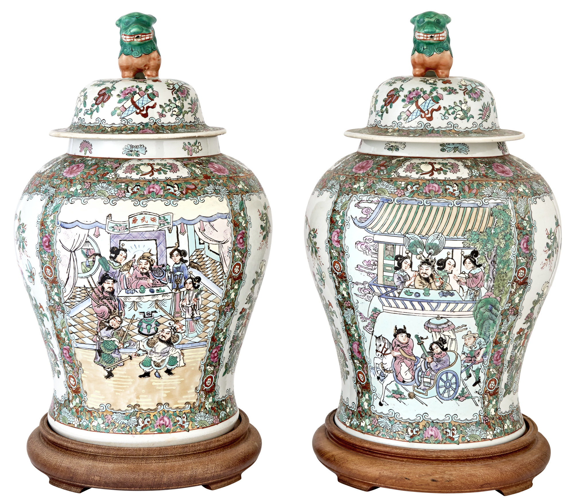 Lot image - Pair of Chinese Famille Rose Style Porcelain Covered Jars