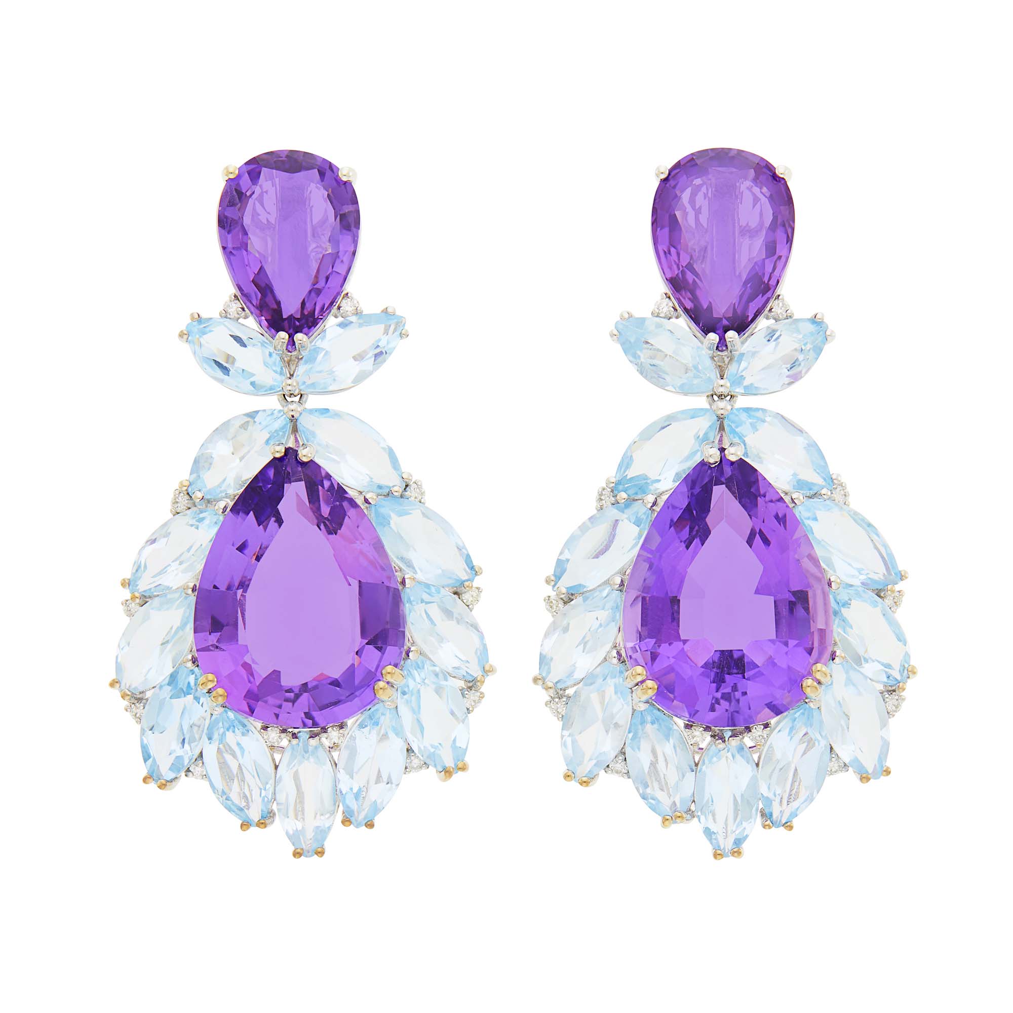 Lot image - Pair of White Gold, Amethyst, Blue Topaz and Diamond Pendant-Earclips