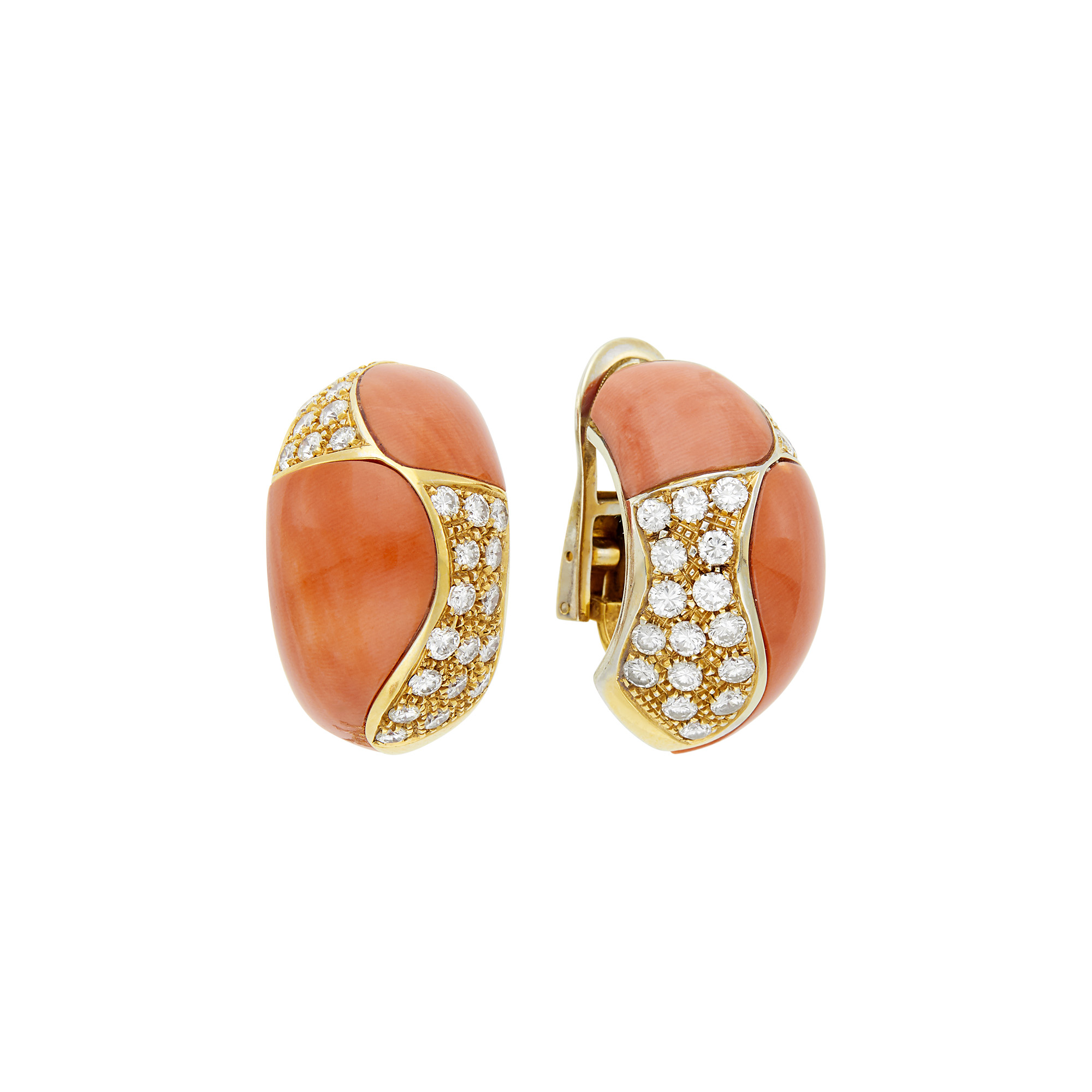 Lot image - Van Cleef & Arpels Pair of Gold, Coral and Diamond Bombé Earclips