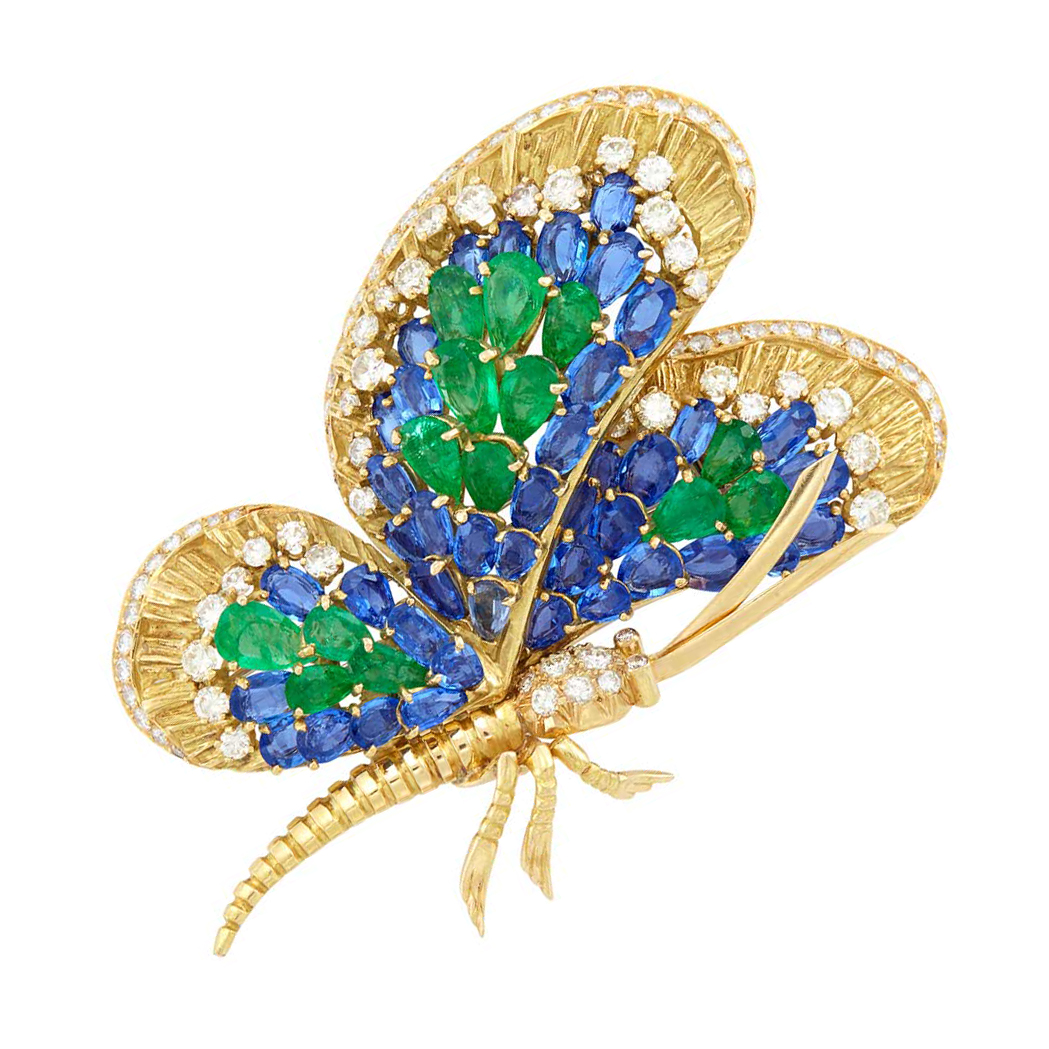Lot image - Gold, Emerald, Sapphire and Diamond Butterfly Brooch