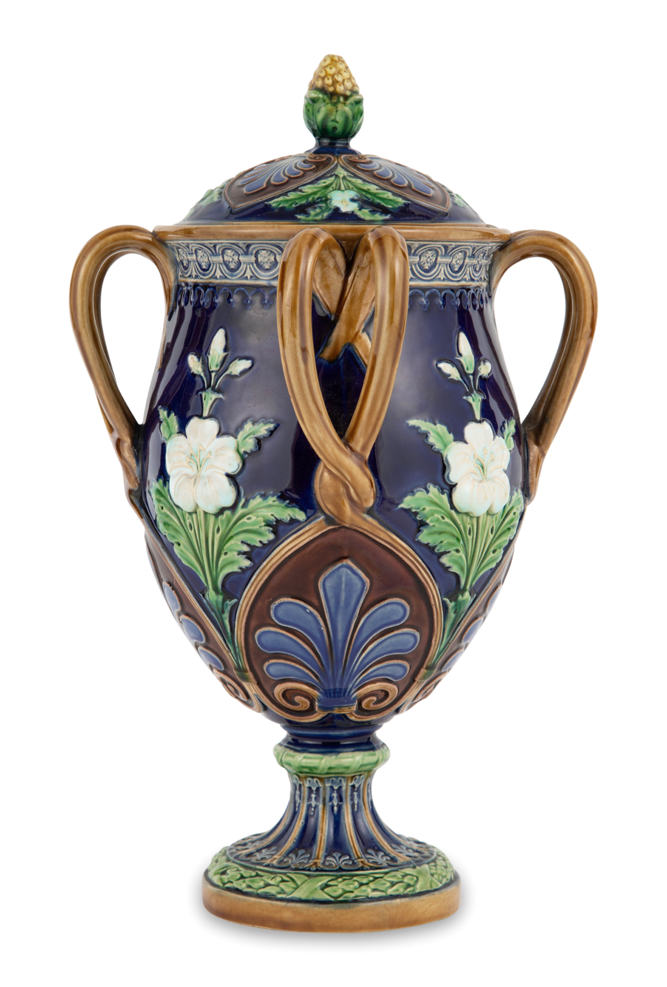 Lot image - Mintons Majolica Shrewsbury Cobalt-Blue Ground Vase and Cover