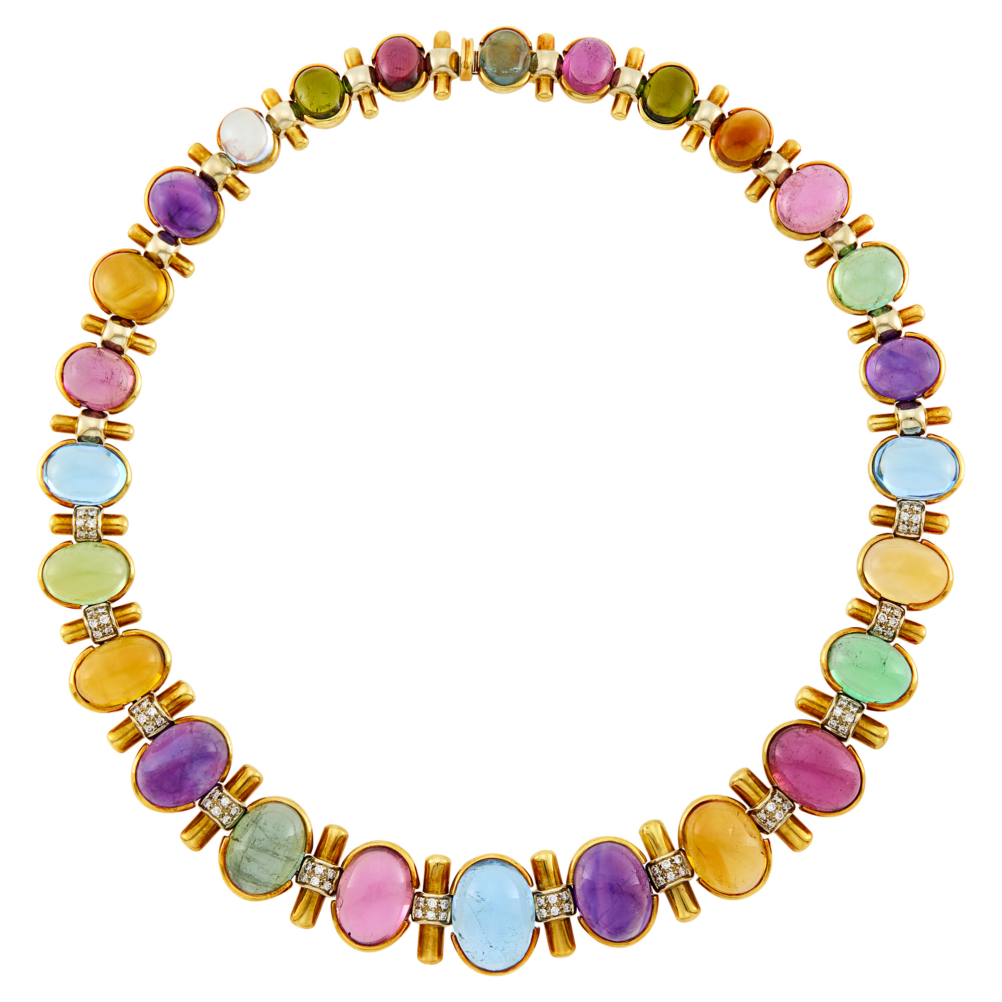 Lot image - Two-Color Gold, Cabochon Colored Stone and Diamond Necklace