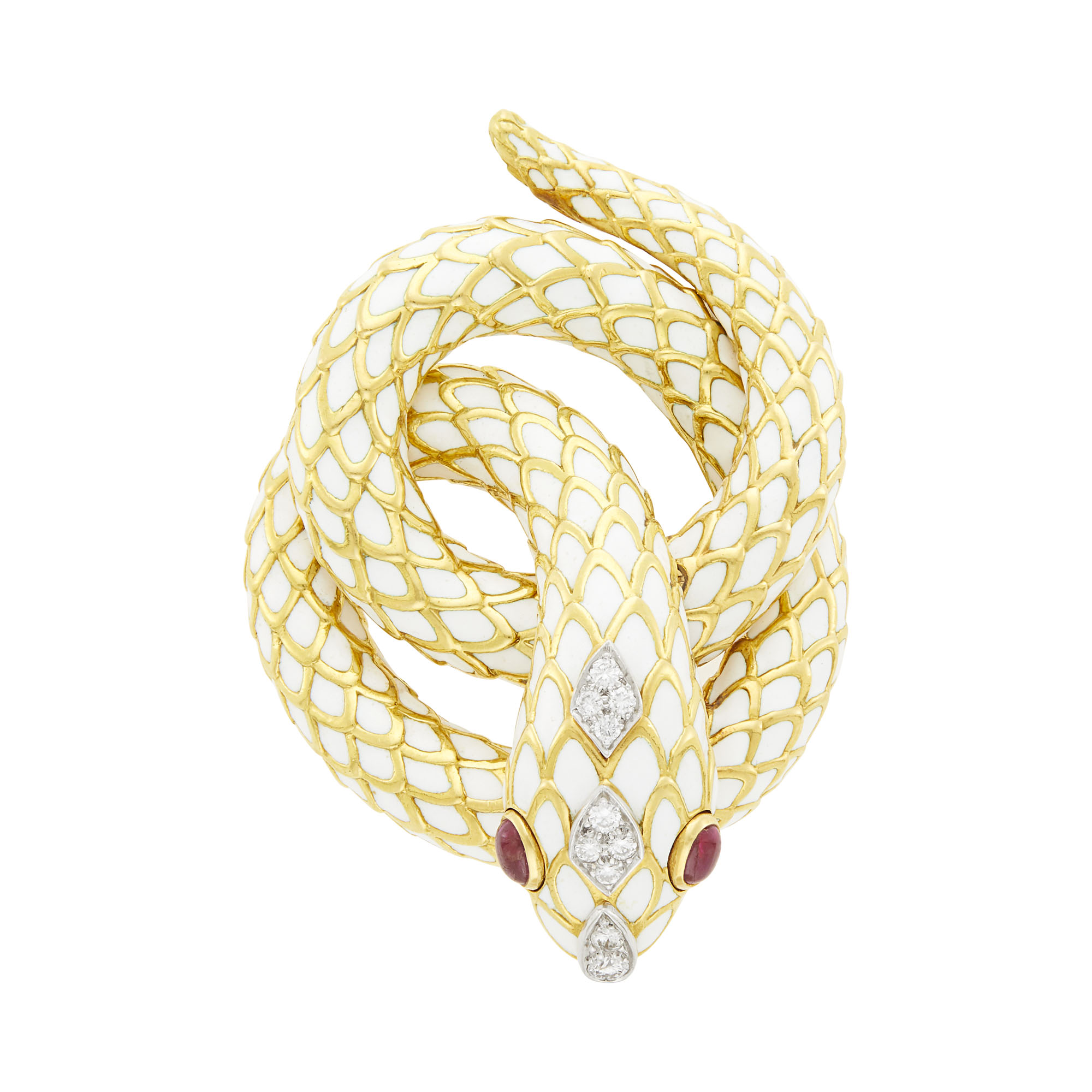 Lot image - David Webb Gold, Platinum, White Enamel, Diamond and Cabochon Ruby Snake Clip-Brooch
