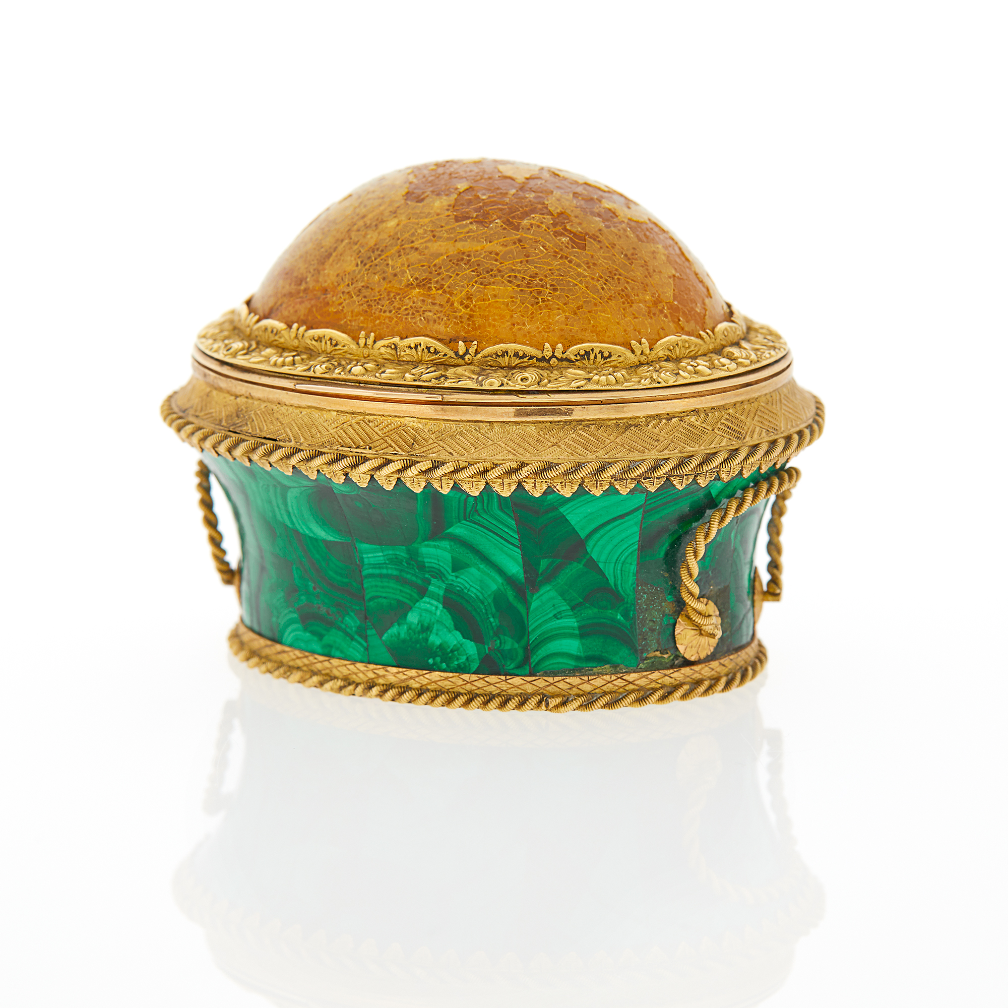 Lot image - Russian Gold, Malachite and Amber Snuff Box