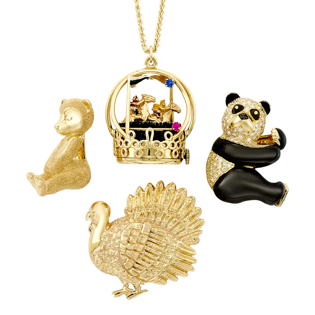 Lot image - Group of Two-Color Gold, Diamond, Gem-Set & Enamel Animal Jewelry and Chain