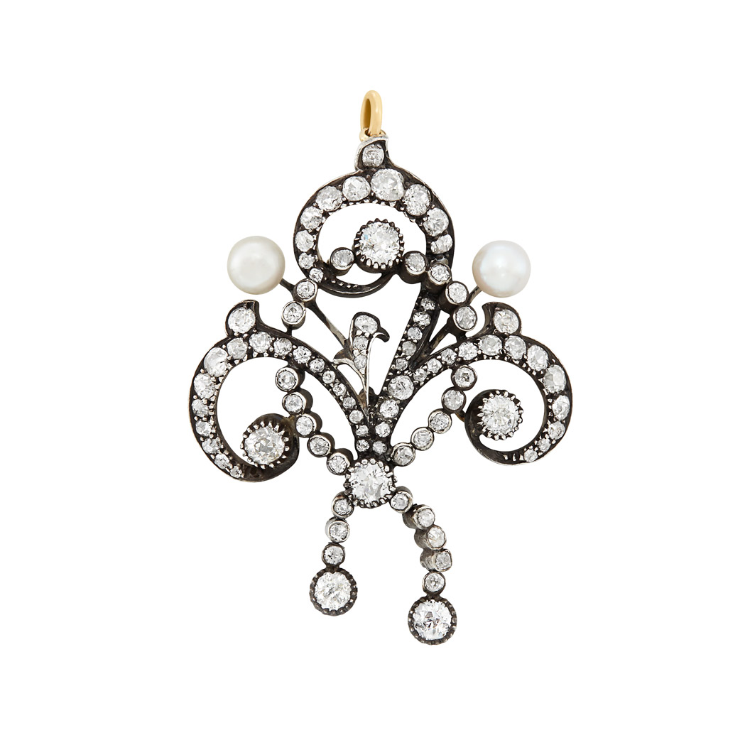 Lot image - Antique Silver-Topped Gold, Diamond and Pearl Pendant