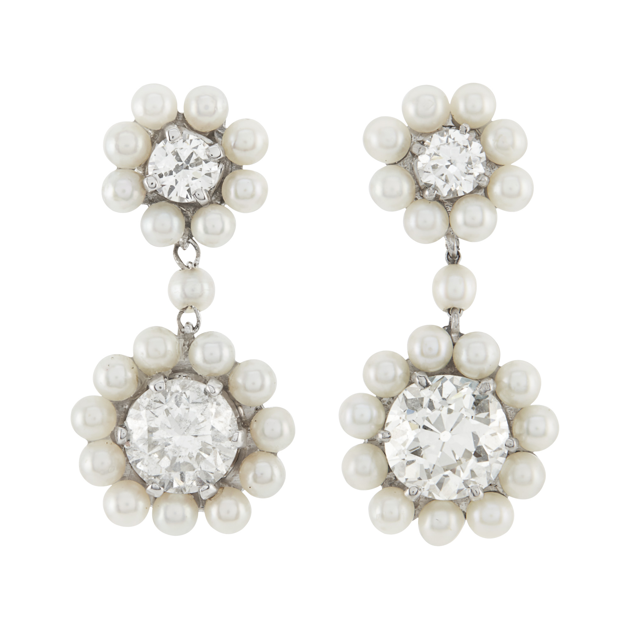 Lot image - Pair of Edwardian Platinum, White Gold, Diamond and Pearl Pendant Earrings
