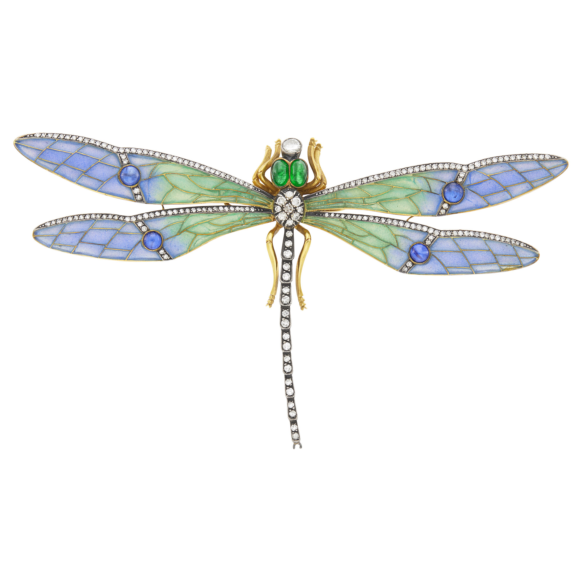 Lot image - Gold, Silver, Plique-à-Jour Enamel, Cabochon Sapphire and Emerald and 	Diamond Dragonfly Brooch