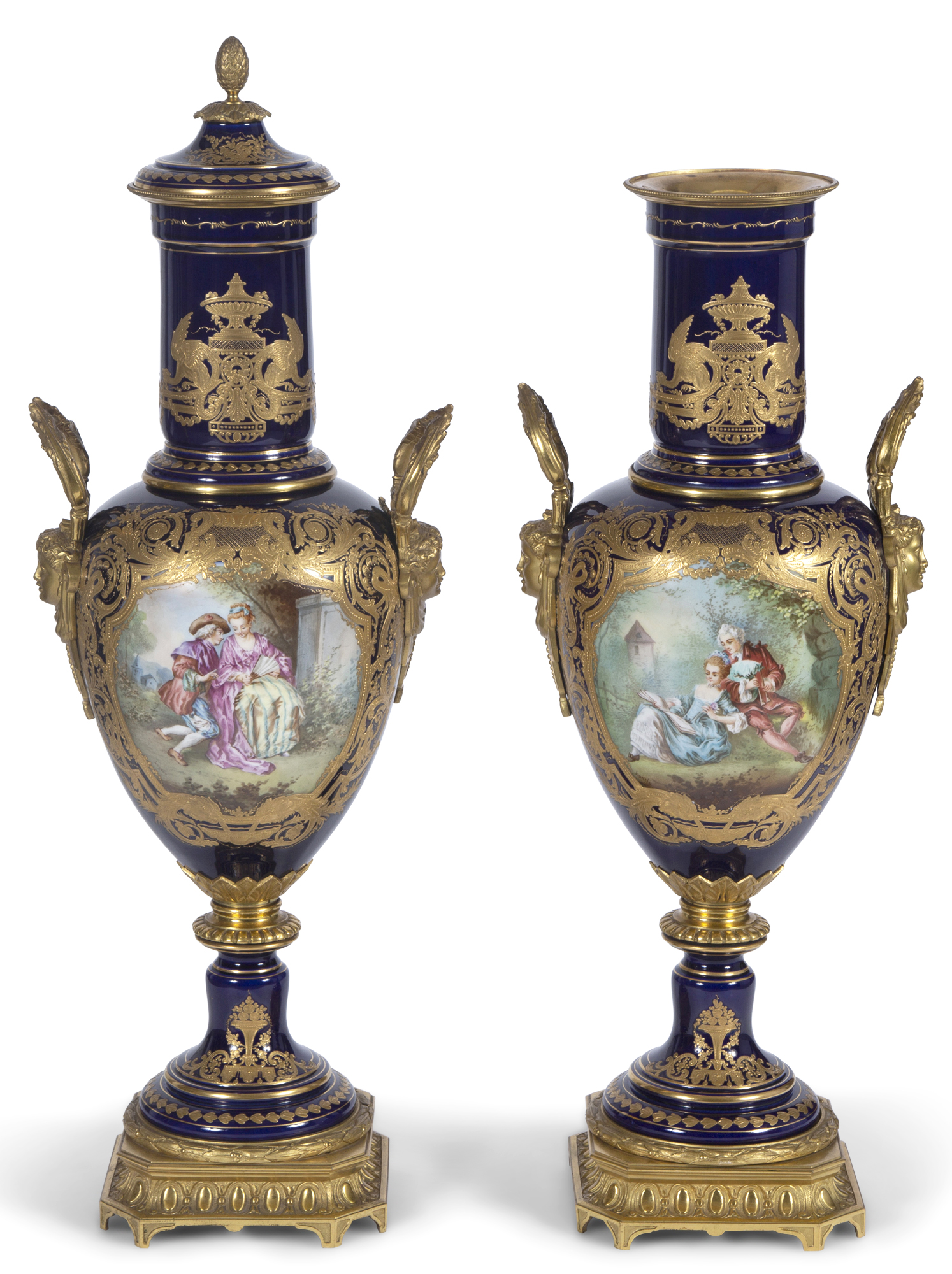 Lot image - Pair of Gilt Bronze Mounted Sevres Porcelain Two-Handled Urns