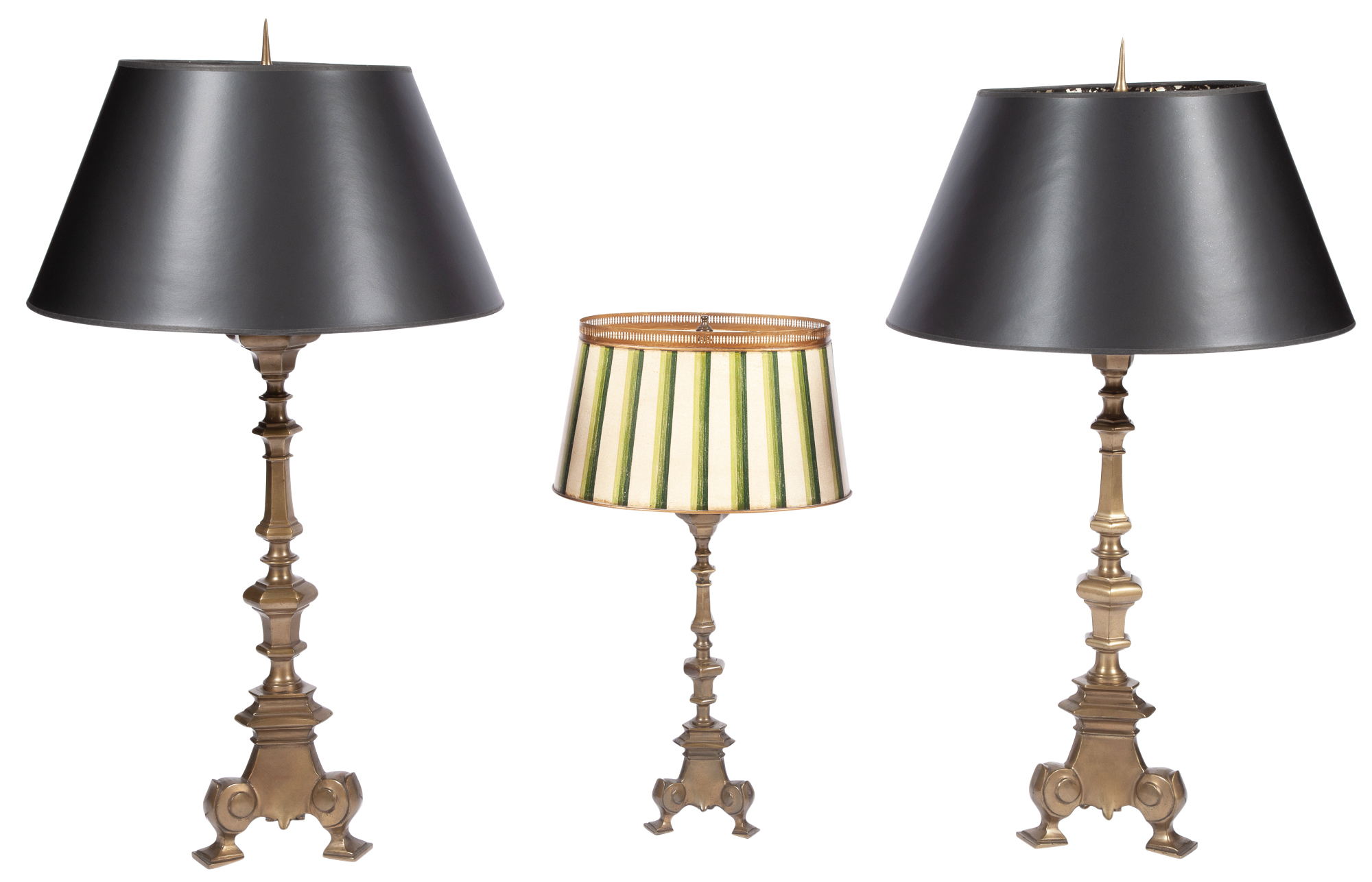 Lot image - Set of Three Renaissance Style Patinated Metal Altar Stick Form Lamps