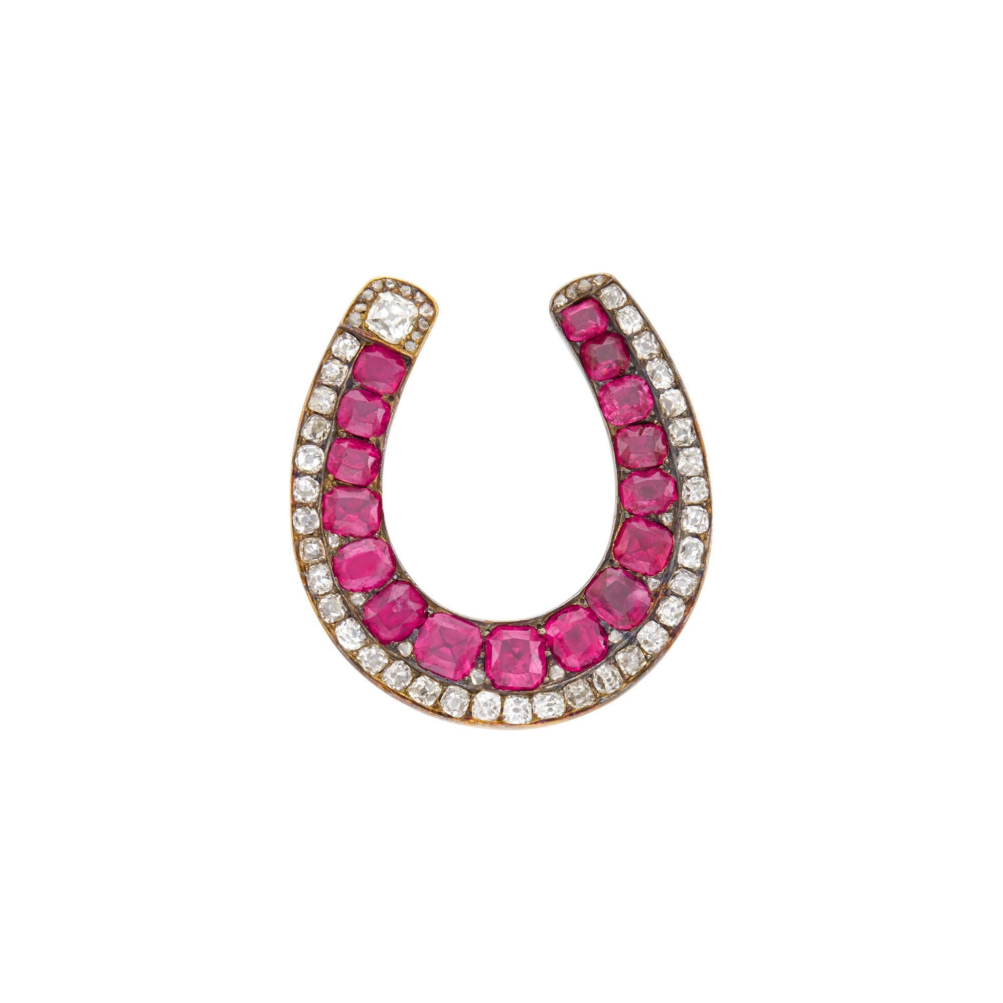 Lot image - Antique Gold, Silver, Ruby and Diamond Horseshoe Brooch