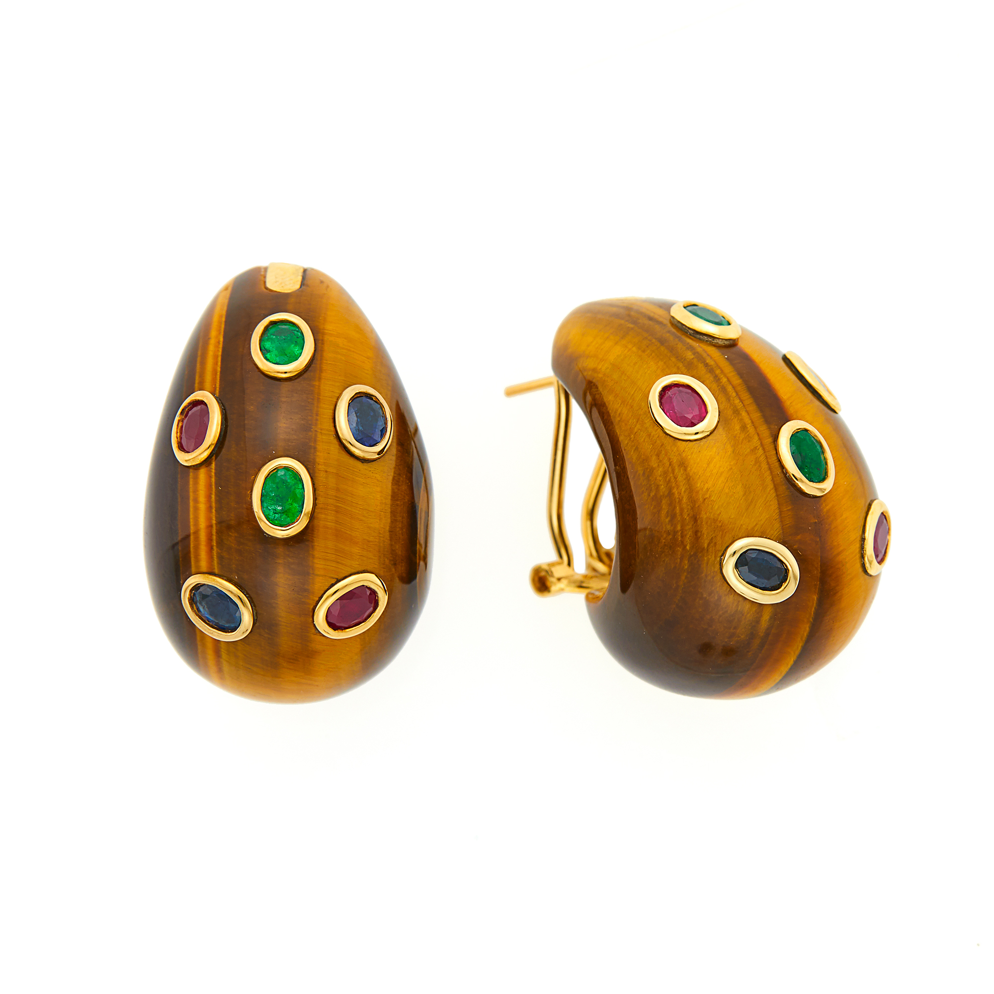 Lot image - Pair of Gold, Tigers Eye and Multicolored Stone Earrings