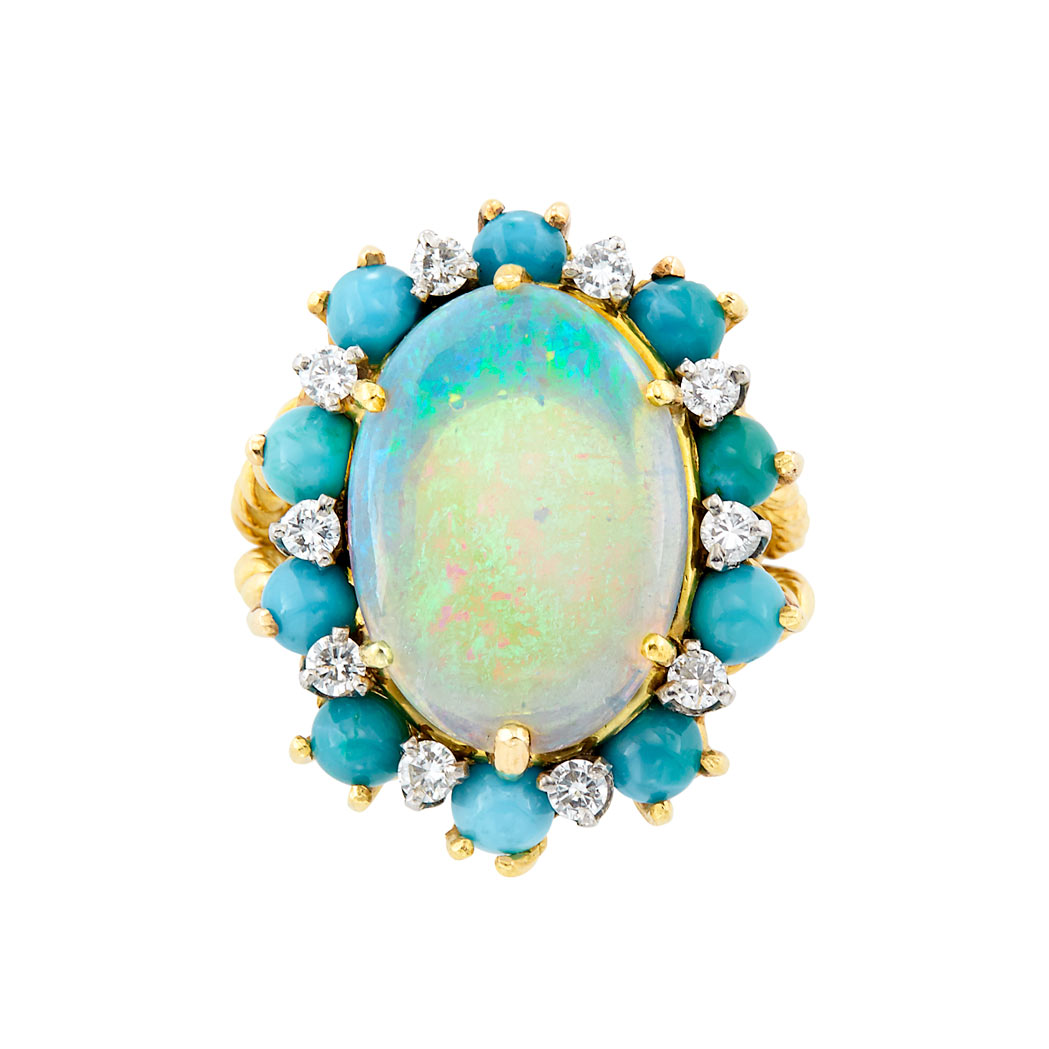 Lot image - Two-Color Gold, Opal, Turquoise and Diamond Ring