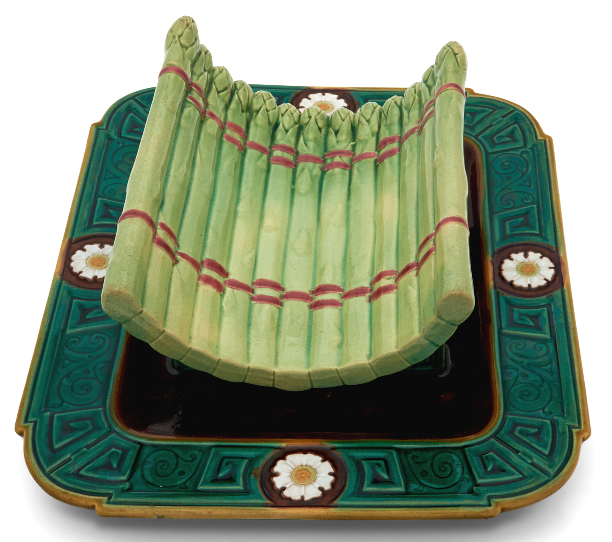 Lot image - Minton Majolica Mottled Brown and Green Asparagus Server