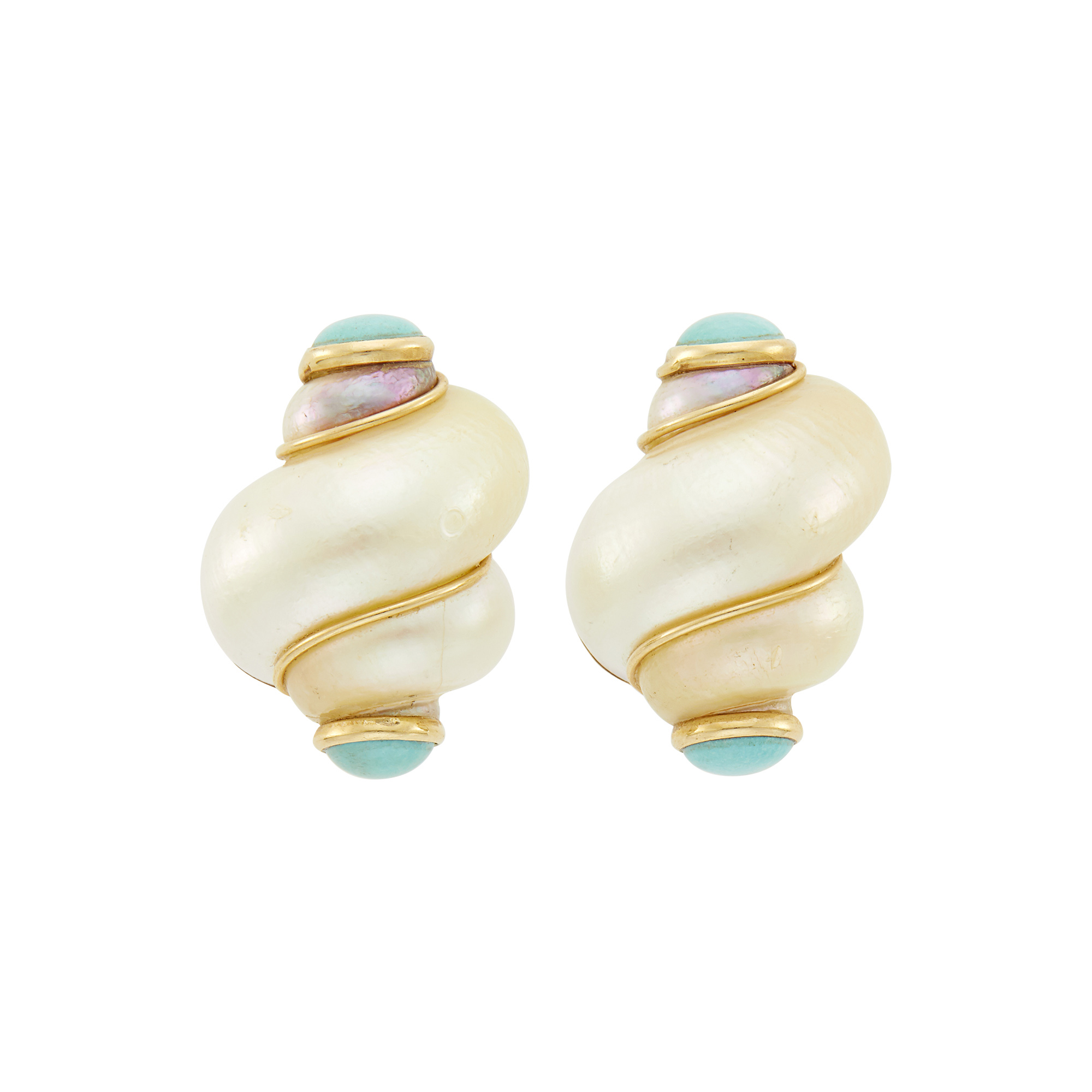 Lot image - Maz Pair of Gold, Shell and Turquoise Earclips