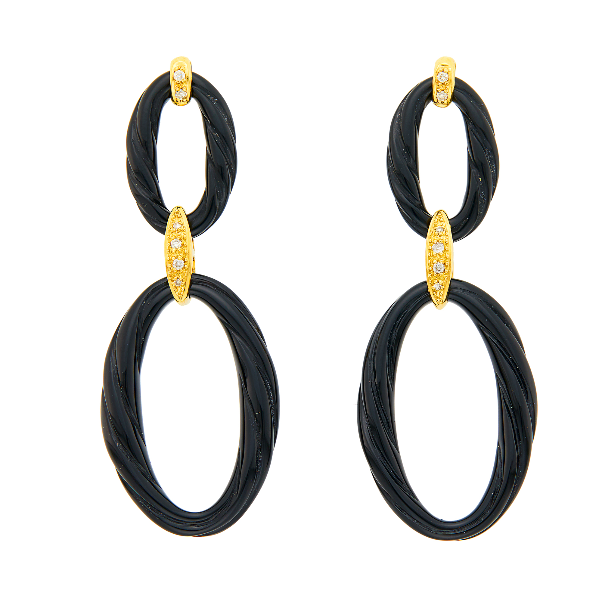 Lot image - Pair of Gold, Black Agate and Diamond Pendant-Earrings