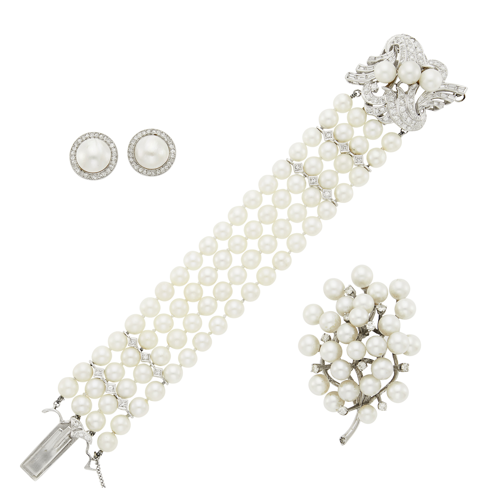 Lot image - Pair of Platinum, White Gold, Mabé Pearl and Diamond Earclips, Triple Strand Cultured Pearl and Diamond Bracelet and Brooch