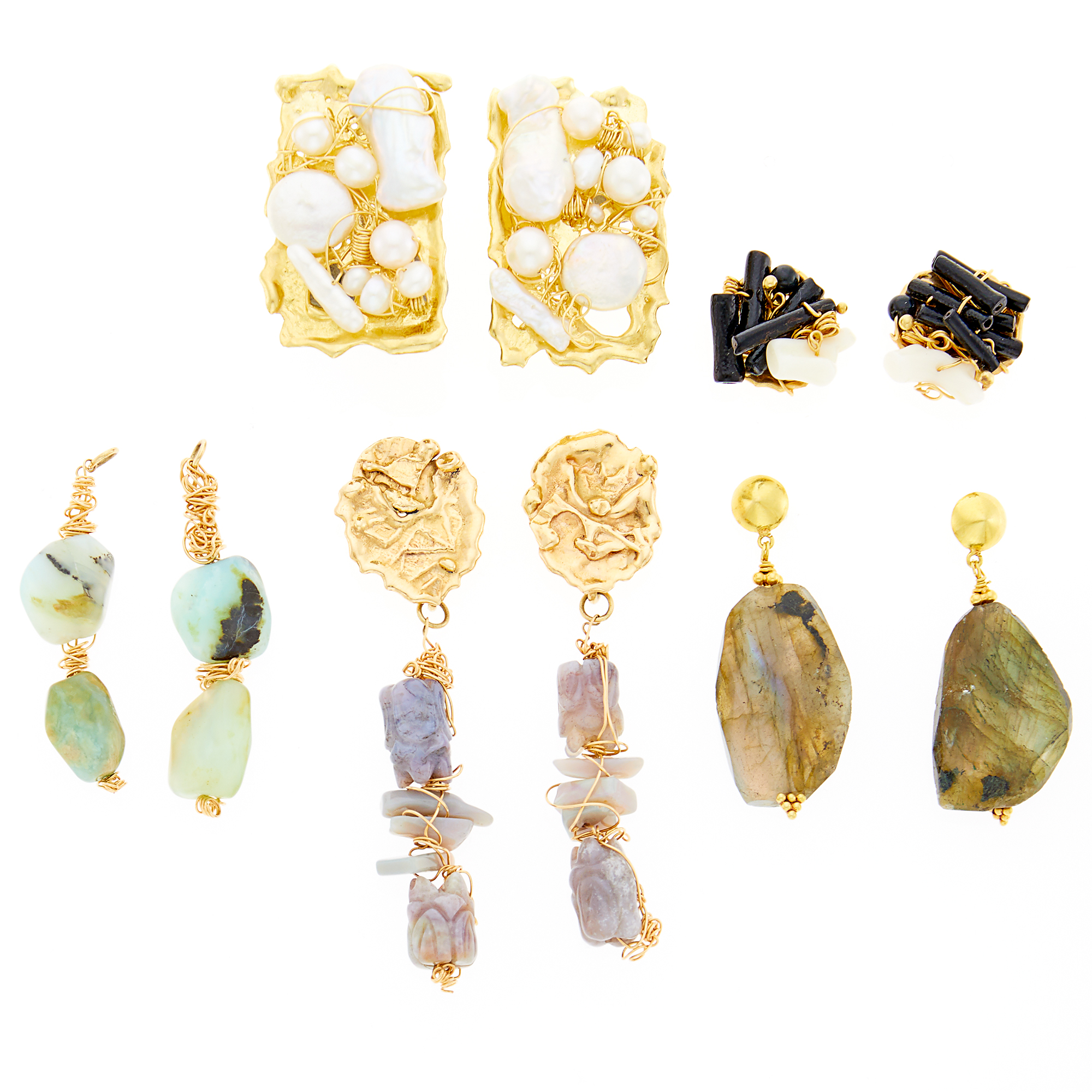 Lot image - Four Pairs of Gold, Freshwater Pearl, Labradorite, Opal and Black and White Coral Earrings